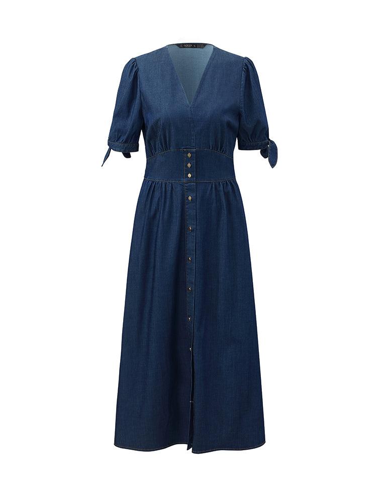 Gathered Waist Denim Women Midi Dress Product Image