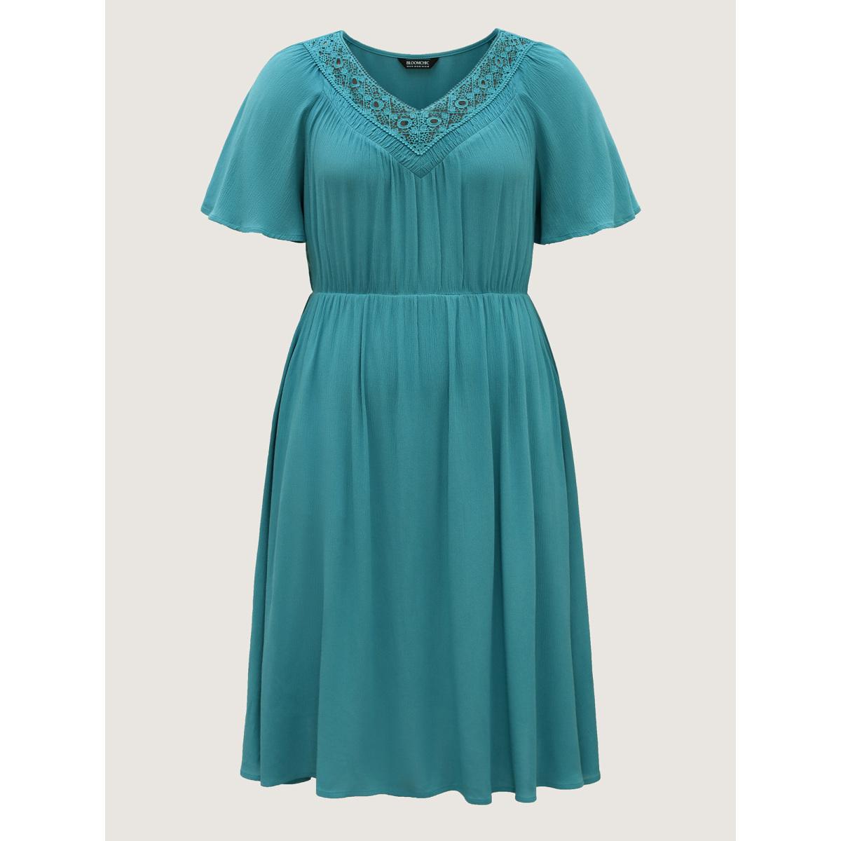 Plus Size Lace Neck Flared Sleeve Midi Dress Arctic Women V-neck Short sleeve Curvy BloomChic 18-20/2X Product Image