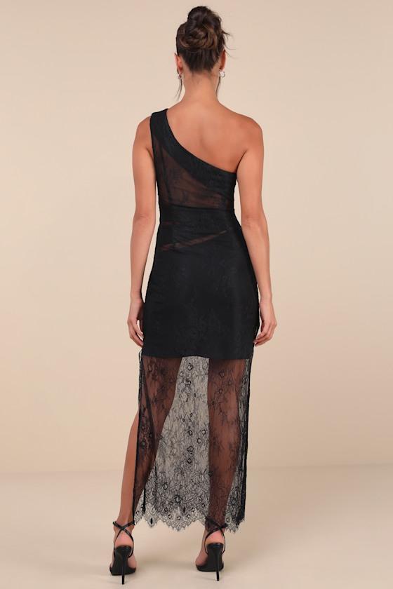 Sensational Flirt Black Sheer Lace One-Shoulder Maxi Dress Product Image