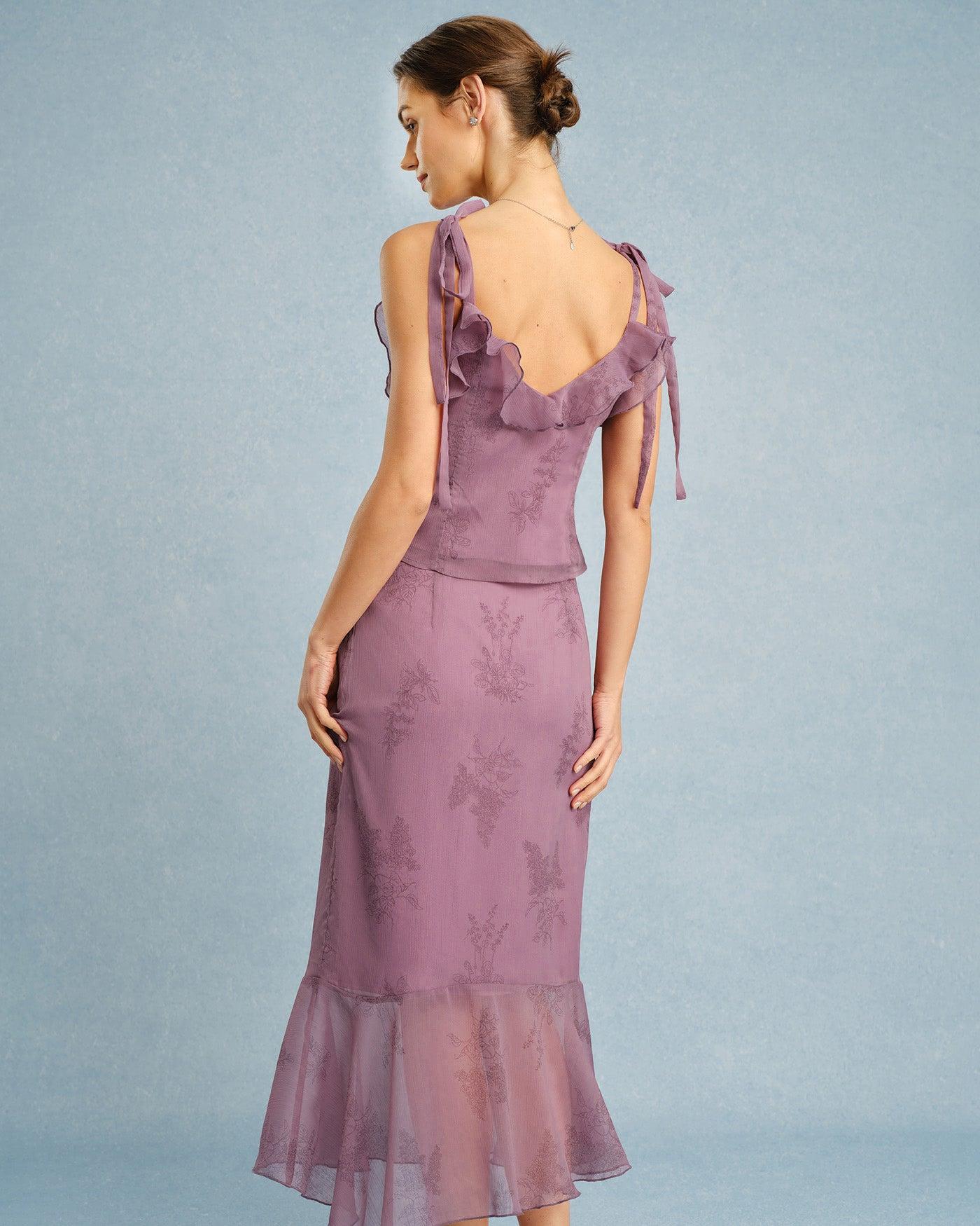 Purple V Neck Floral Ruffle Camis Product Image