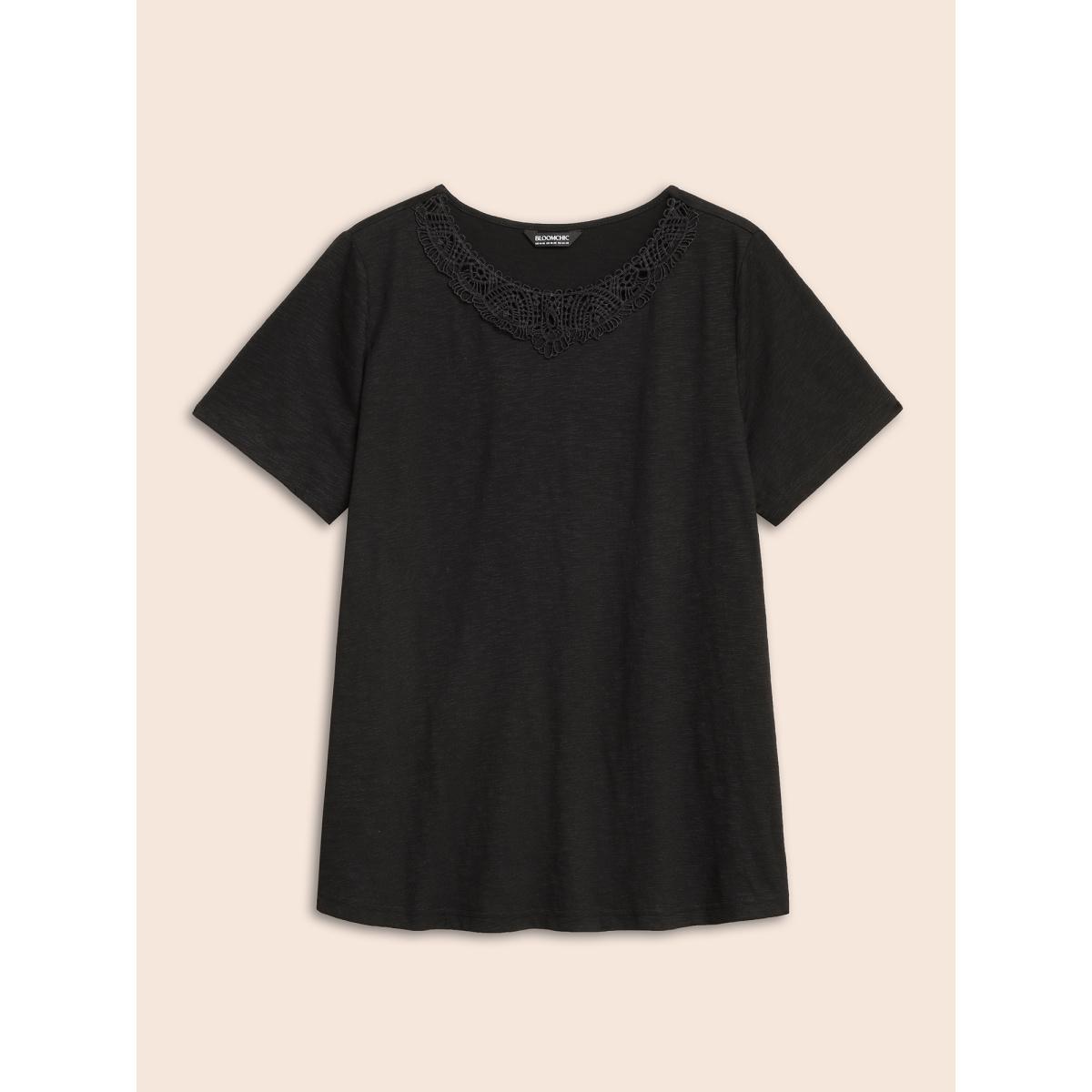 Plus Size Crew Neck Stretch Lace Patchwork T-shirt Black Women Elegant Patchwork Non Everyday T-shirts BloomChic 12/L Product Image