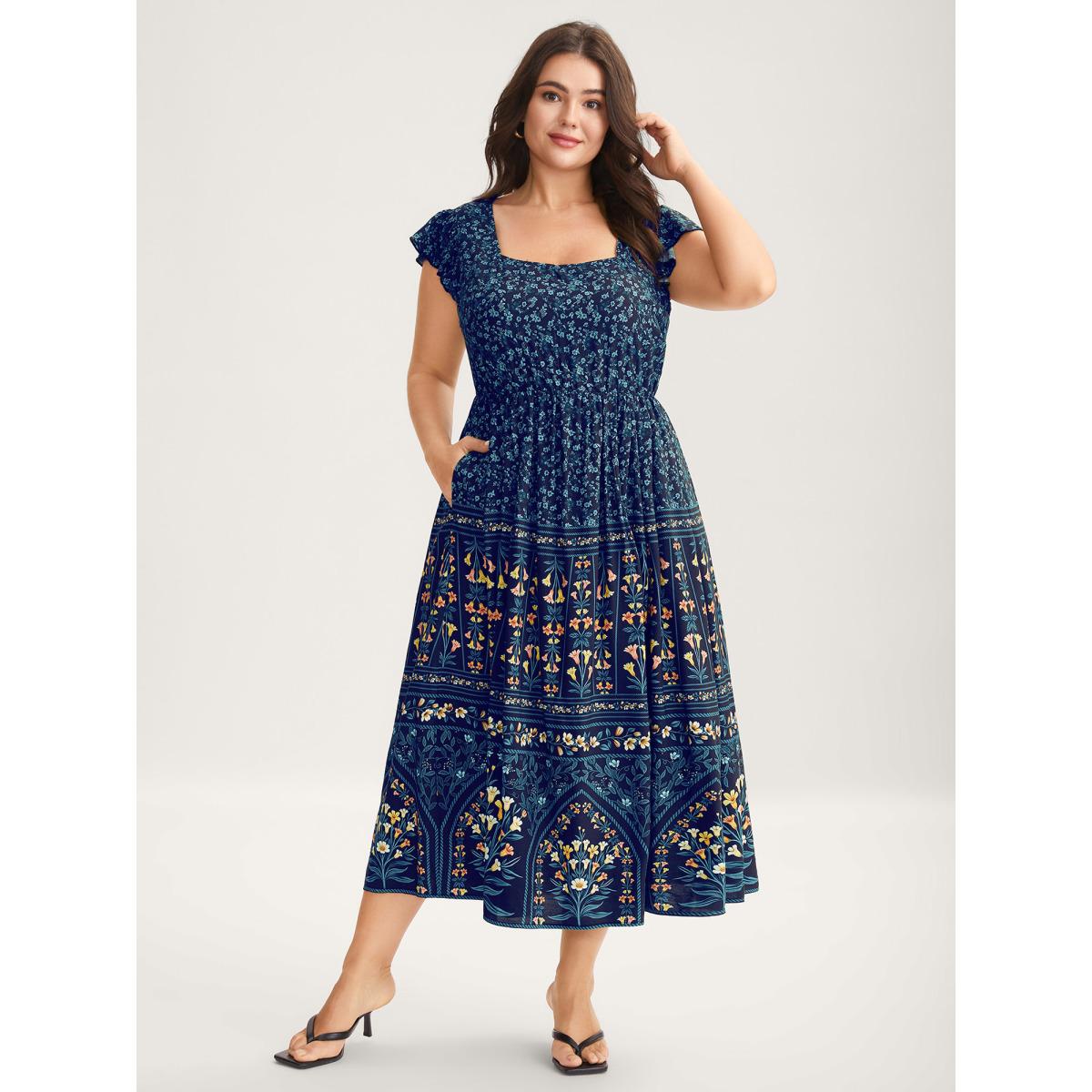 Plus Size Rayon Garden Fresh Ruffled Sleeve Midi Dress DarkBlue Women Heart neckline Cap Sleeve Curvy BloomChic 28/5X Product Image