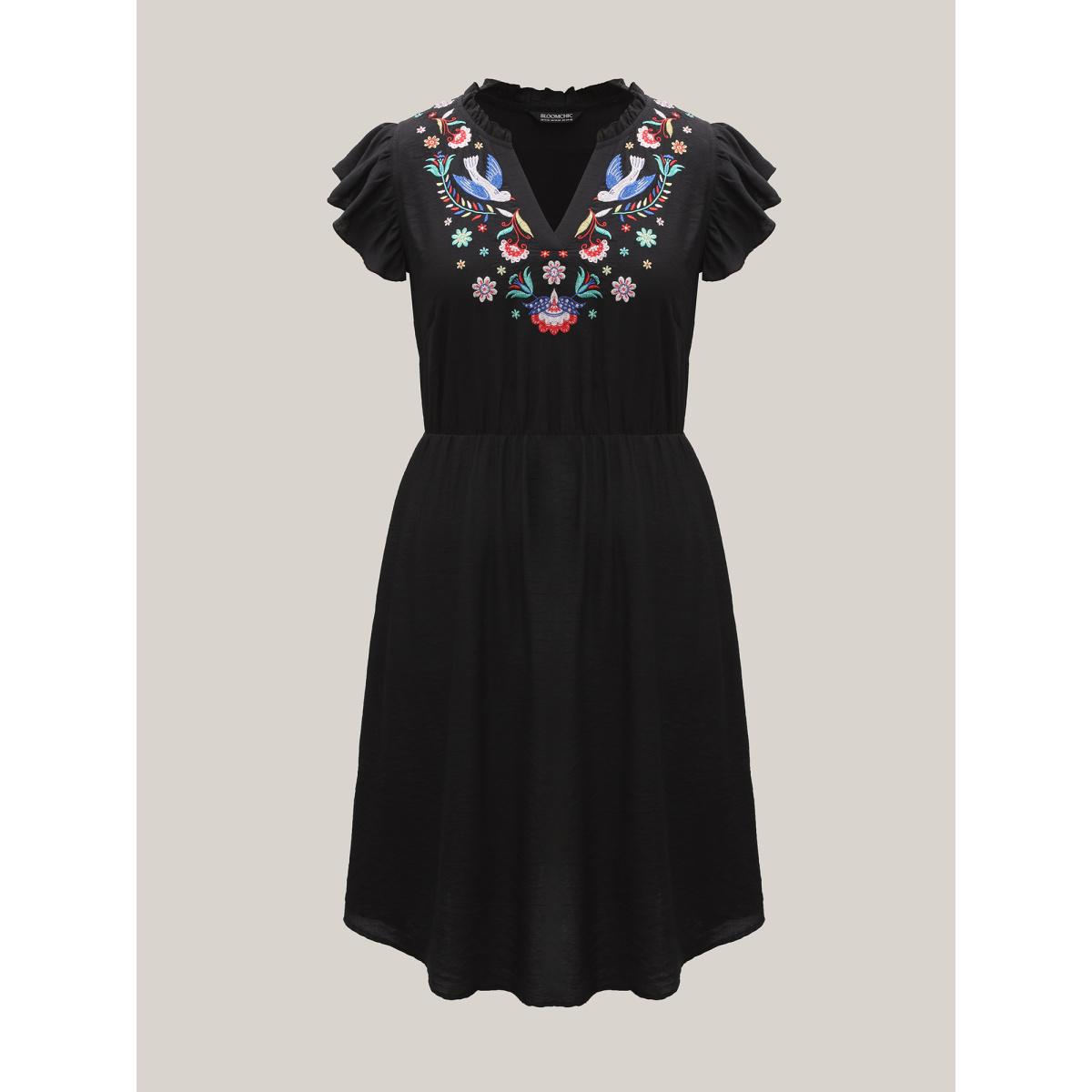 Plus Size Floral Embroidered Notched Collar Midi Dress Black Women Boho Flat collar with V-notch Cap Sleeve Curvy BloomChic 12/L Product Image