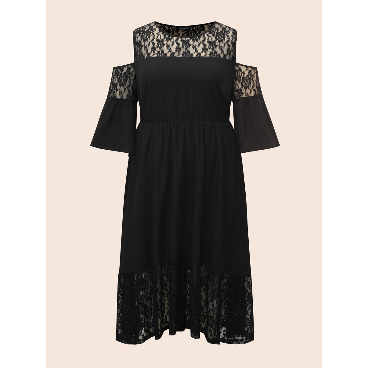 Plus Size Crochet Lace Mesh Ruffle Sleeve Dress Black Women Cocktail Woven ribbon&lace trim Round Neck Elbow-length sleeve Curvy BloomChic 22-24/3X Product Image