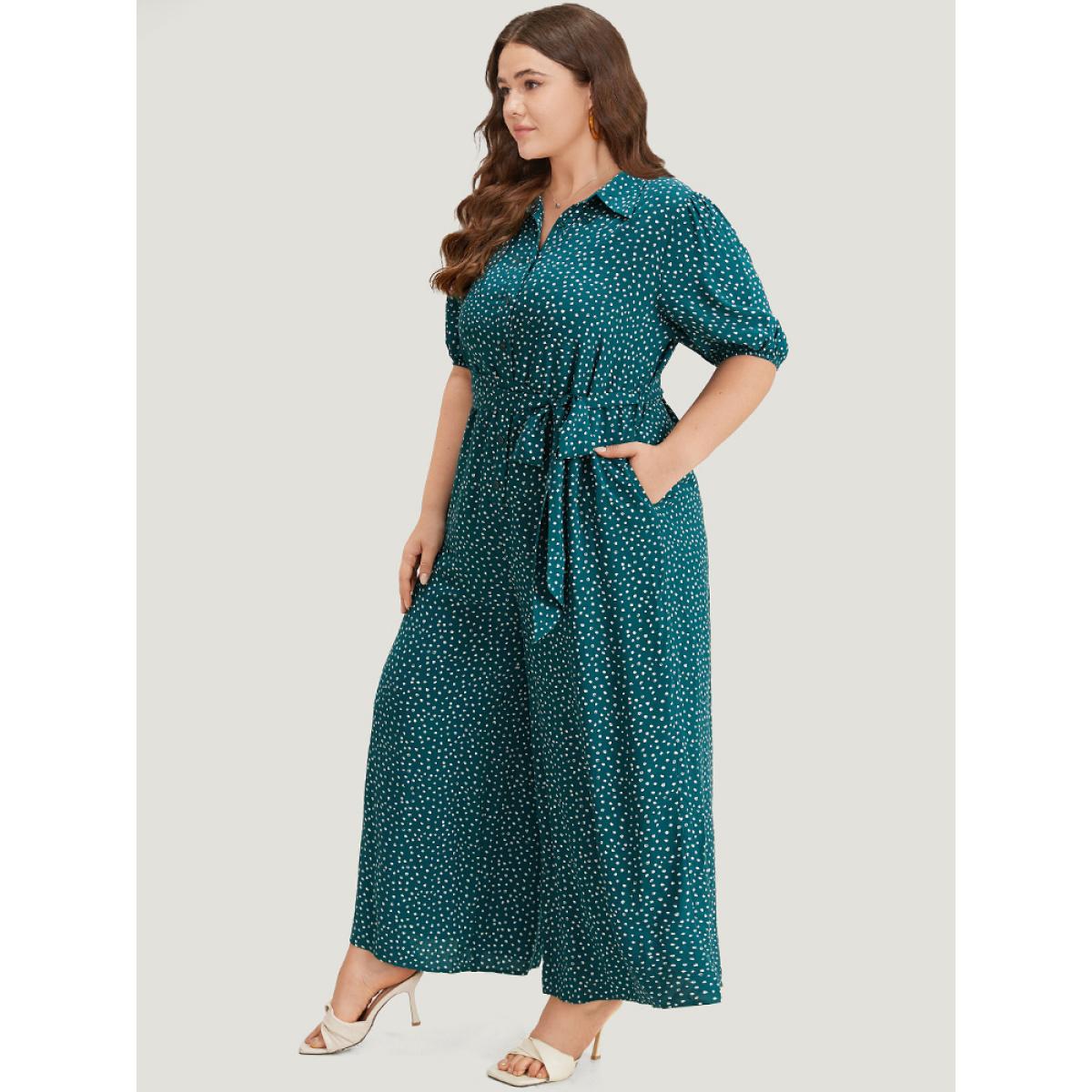 Plus Size Emerald Polka Dot Belted Puff Sleeve Shirt Collar Jumpsuit Women Office Short sleeve Shirt collar Work Loose Jumpsuits BloomChic 26/4X Product Image