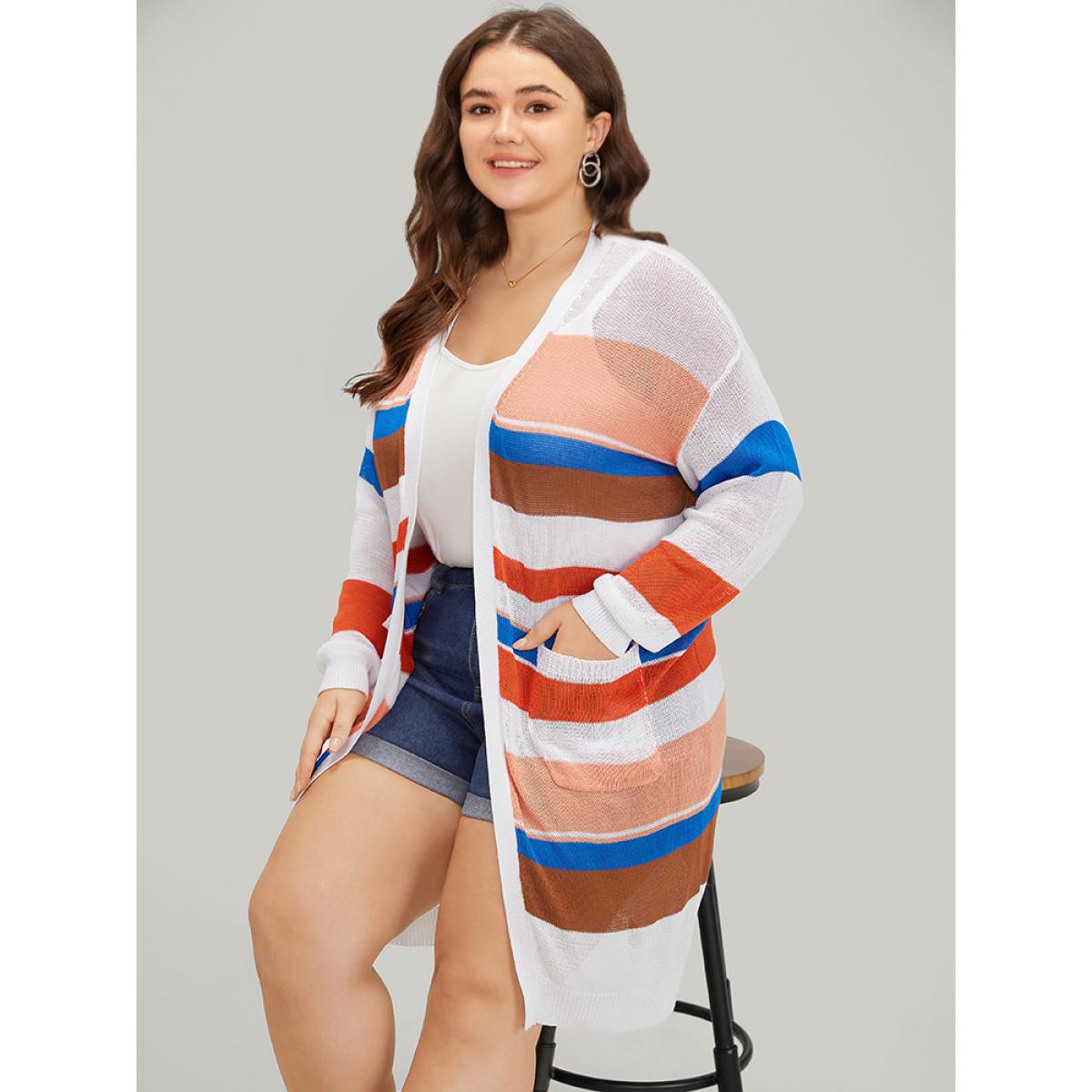 Plus Size Colorblock Contrast Pocket Tunic Open Front Cardigan Multicolor Women Casual Loose Long Sleeve Dailywear Cardigans BloomChic 18-20/2X Product Image