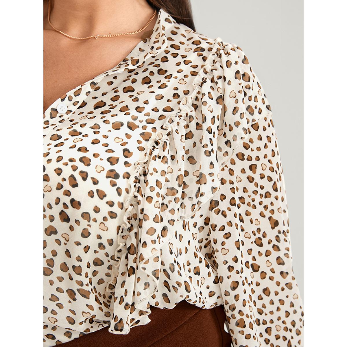 Plus Size Apricot Leopard Mesh Ruffle Trim Button Up Blouse Women Office Long Sleeve Lapel Collar Office Blouses BloomChic 12/L Product Image
