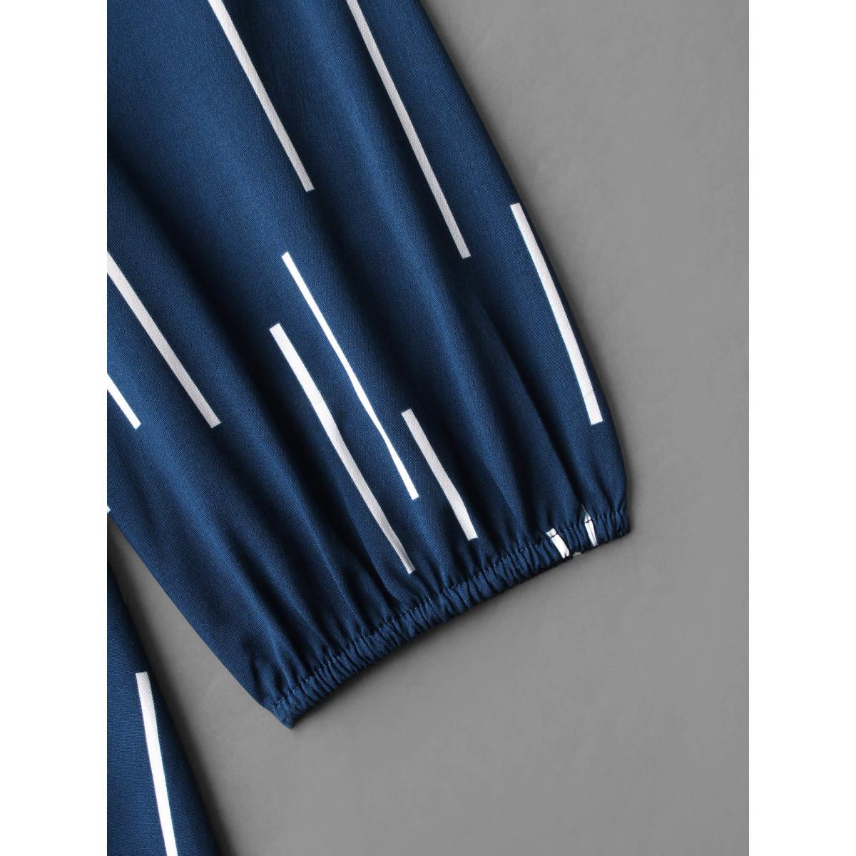 Plus Size Indigo Geometric Print Notched Collar Blouse Women At the Office Long Sleeve Notched collar Work Blouses BloomChic 22-24/3X Product Image