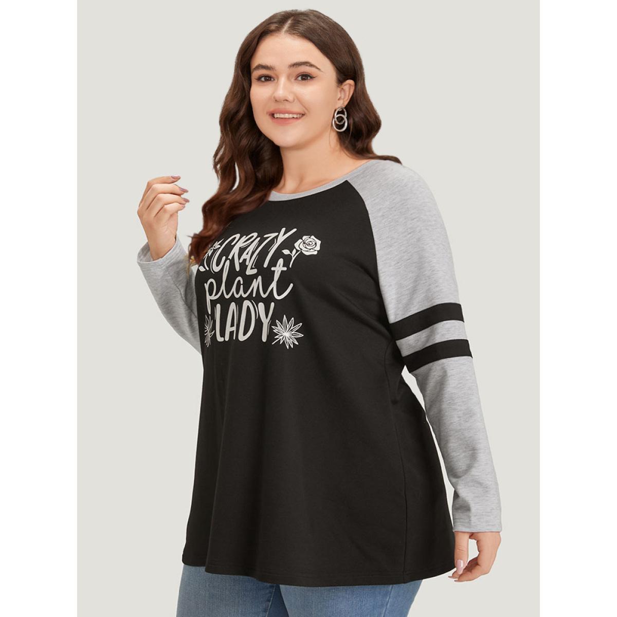 Plus Size Letter & Floral Print Striped Patchwork Raglan Sleeve Sweatshirt Women Multicolor Casual Contrast Dailywear Sweatshirts BloomChic 18-20/2X Product Image