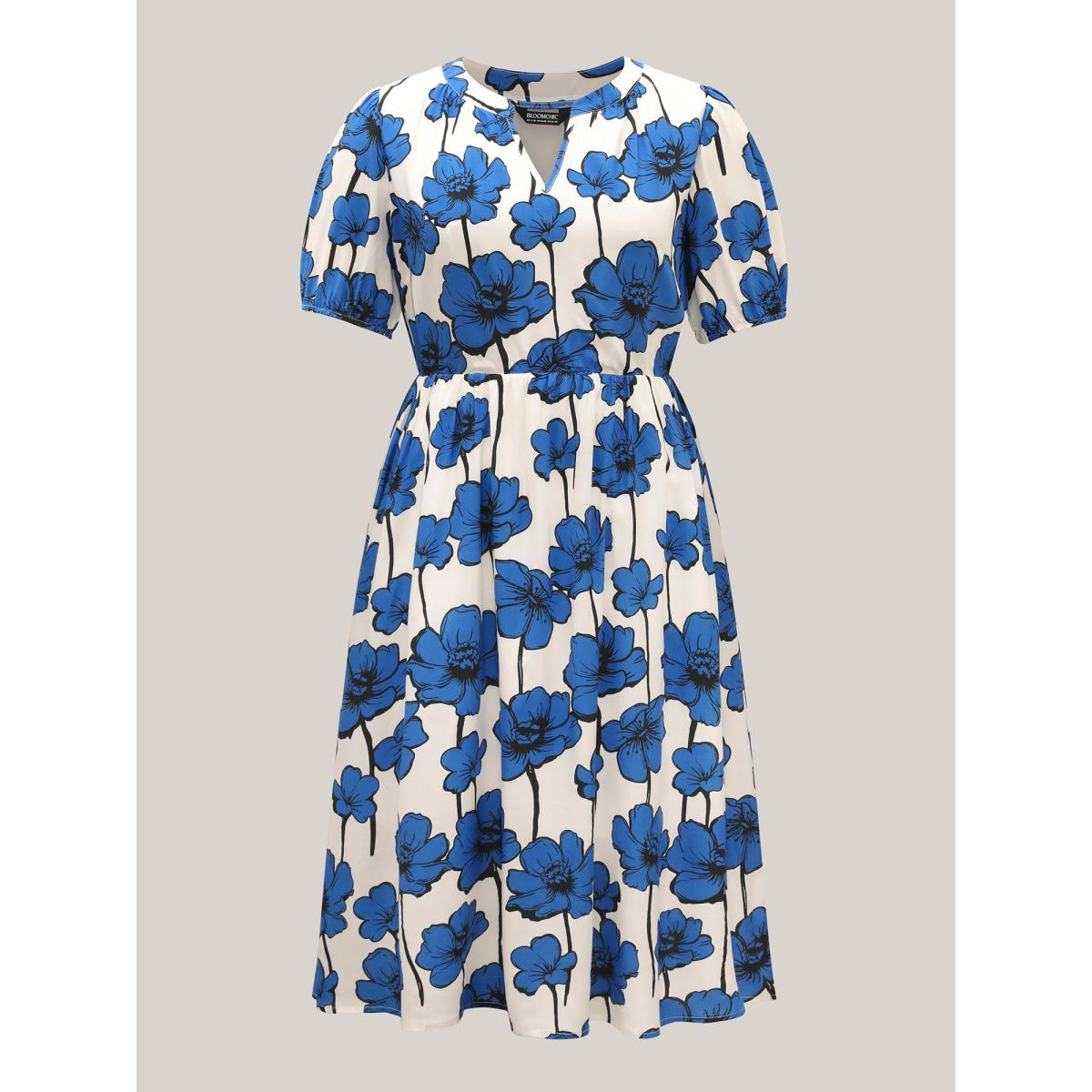 Plus Size Large Floral Print Notched Collar Midi Dress Mediumblue Women Timeless Notched collar Short sleeve Curvy BloomChic 30/6X Product Image