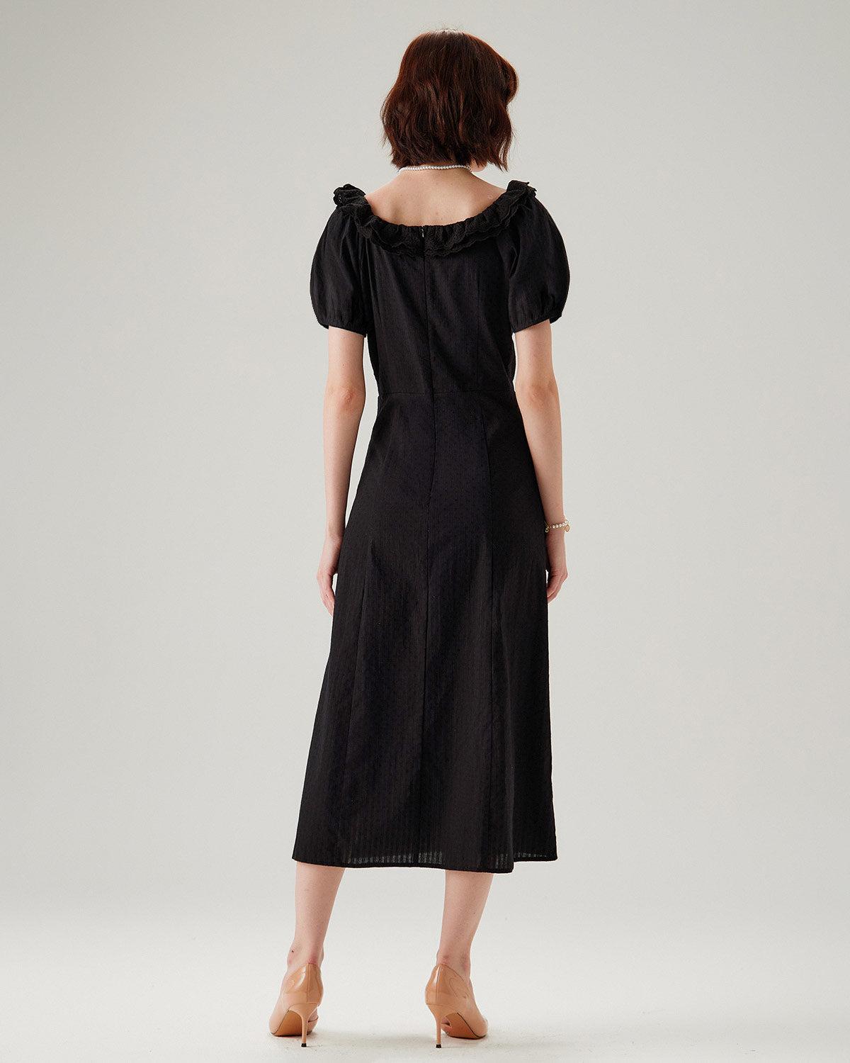 Black Embroidery Puffed Sleeve Maxi Dress Product Image