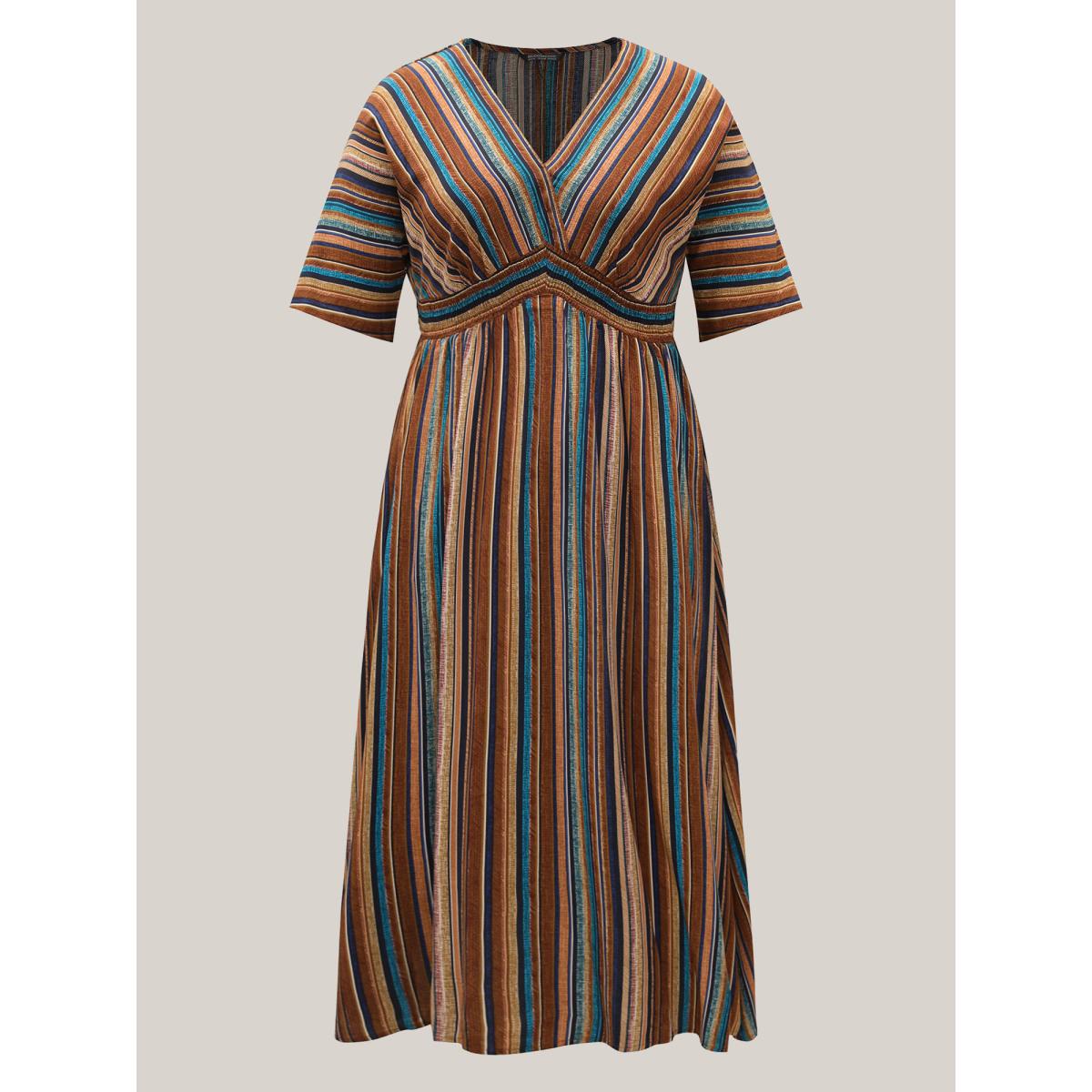 Plus Size Striped Contrast Dolman Sleeve Shirred Pocket Split Flutter Dress Multicolor Women Boho Non V-neck Half Sleeve Curvy BloomChic 12/L Product Image