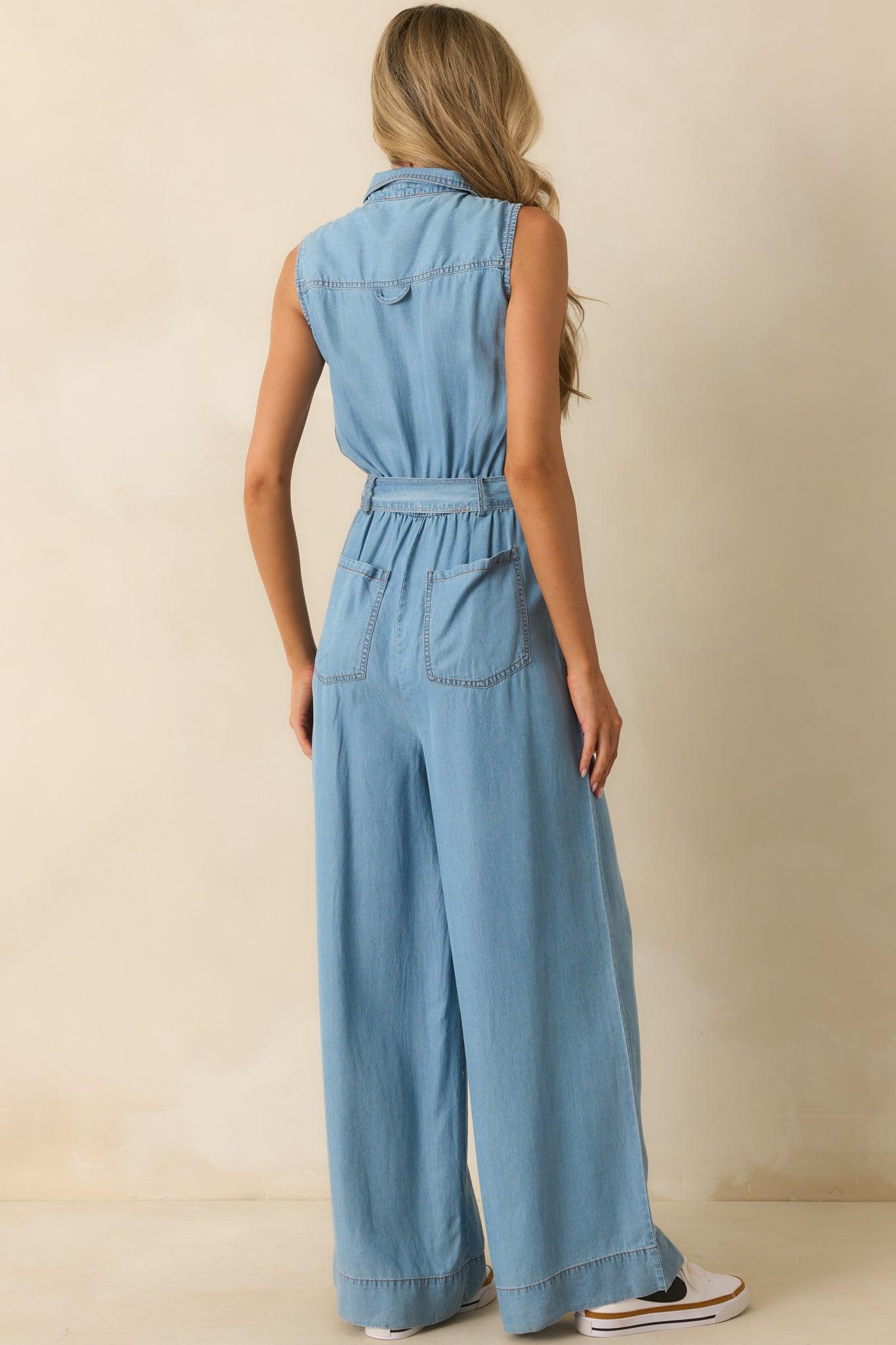 Best Foot Forward Blue Chambray Sleeveless Jumpsuit Product Image
