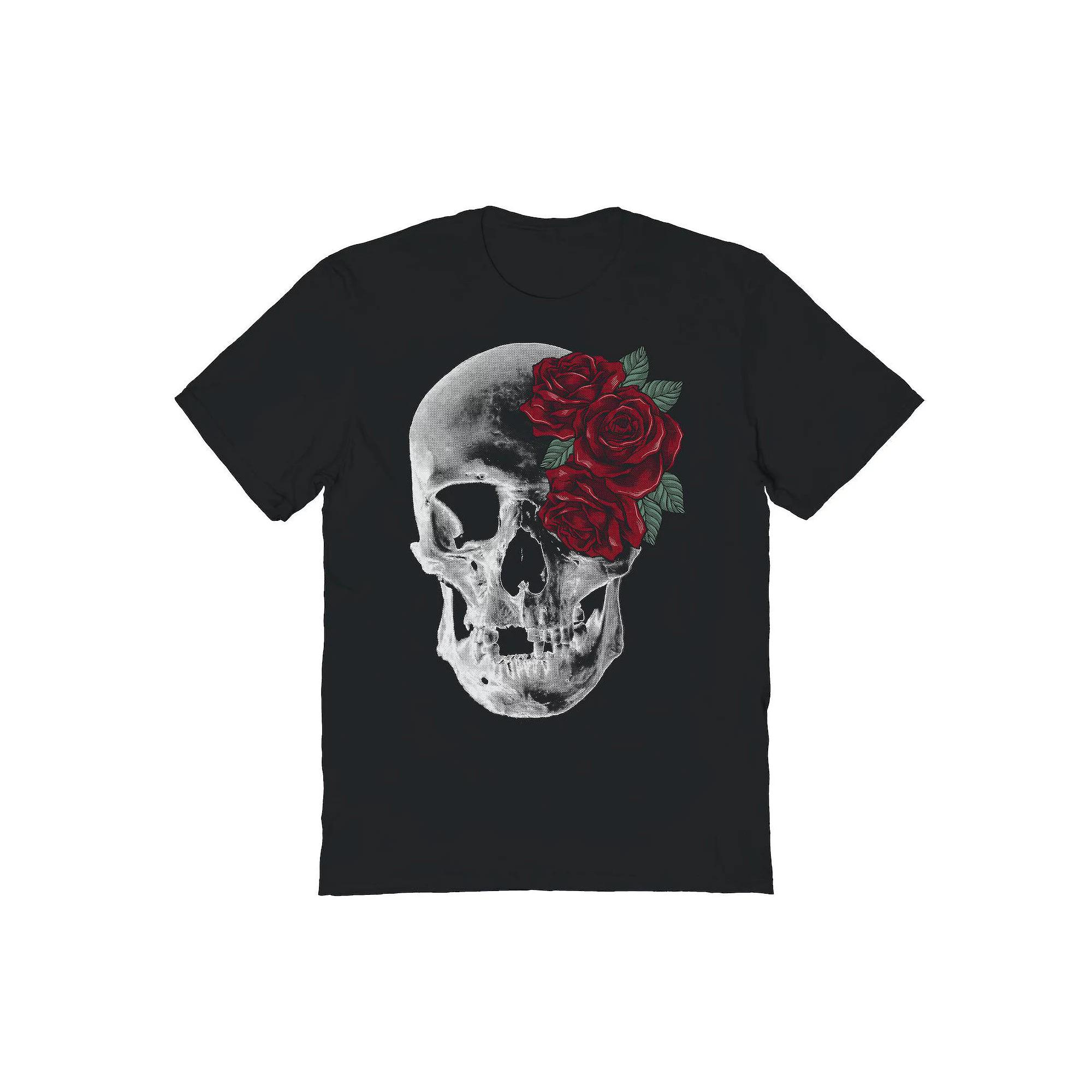 Men's Red Roses And Skull Graphic Tee, Size: XL, Black Product Image