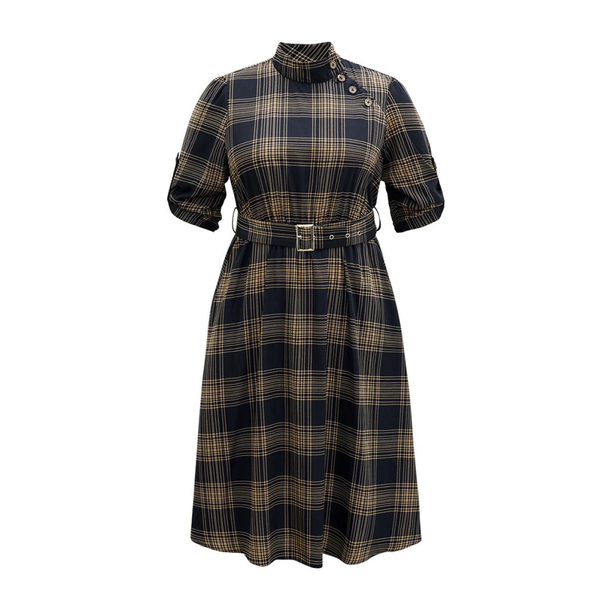 Plus Size Mock Neck Plaid Buckle Detail Belted Dress Indigo Women Office Belted Mock Neck Elbow-length sleeve Curvy Midi Dress BloomChic 10/M Product Image