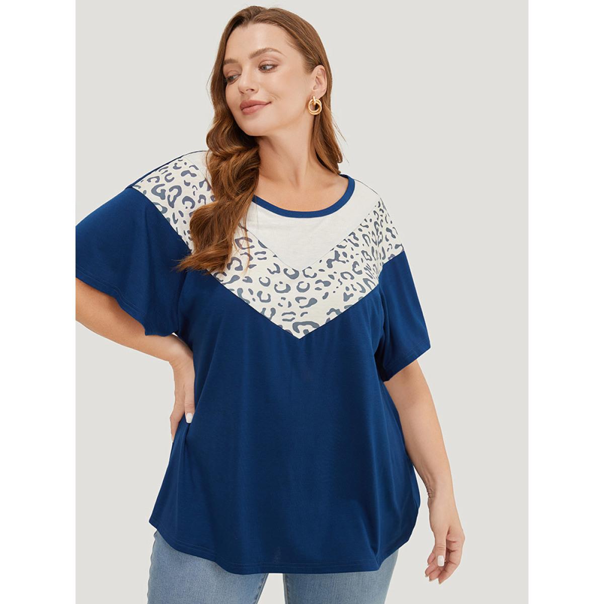 Plus Size Leopard Contrast Batwing Sleeve Patchwork T-shirt Indigo Women Casual Contrast Colorblock Round Neck Dailywear T-shirts BloomChic 30/6X Product Image