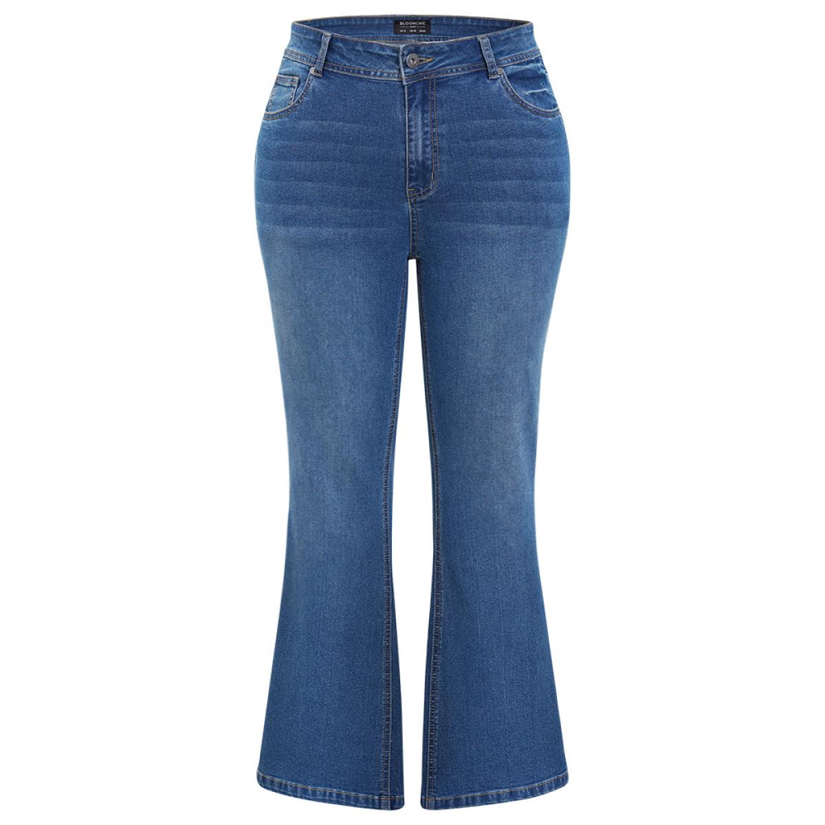 Plus Size Flare Leg Very Stretchy Medium Wash Jeans Women Blue Casual Plain High stretch Pocket Jeans BloomChic 30/6X Product Image