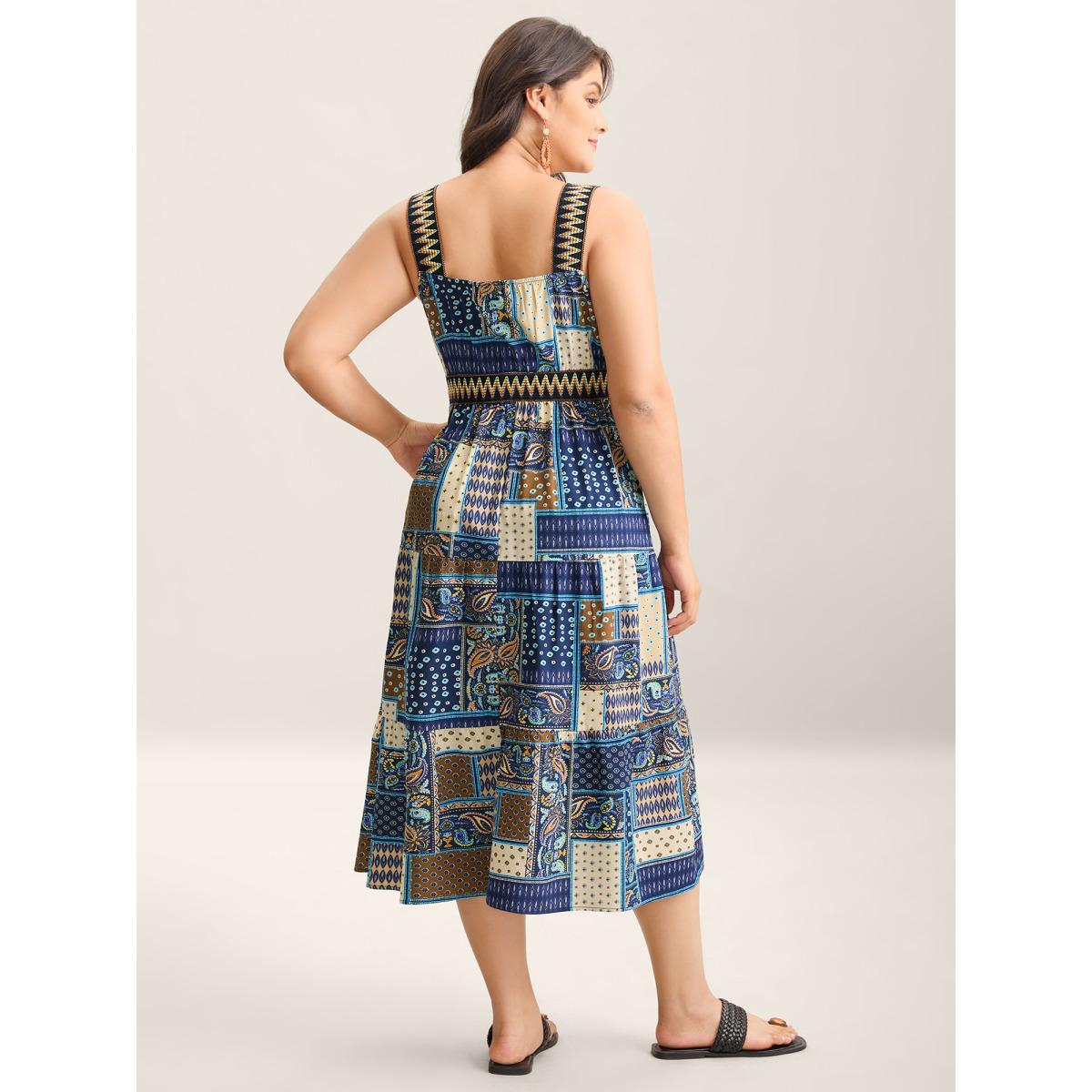 Plus Size Boho Print Webbed Neck Midi Dress Navy Women V-neck Sleeveless Curvy BloomChic 14-16/1X Product Image