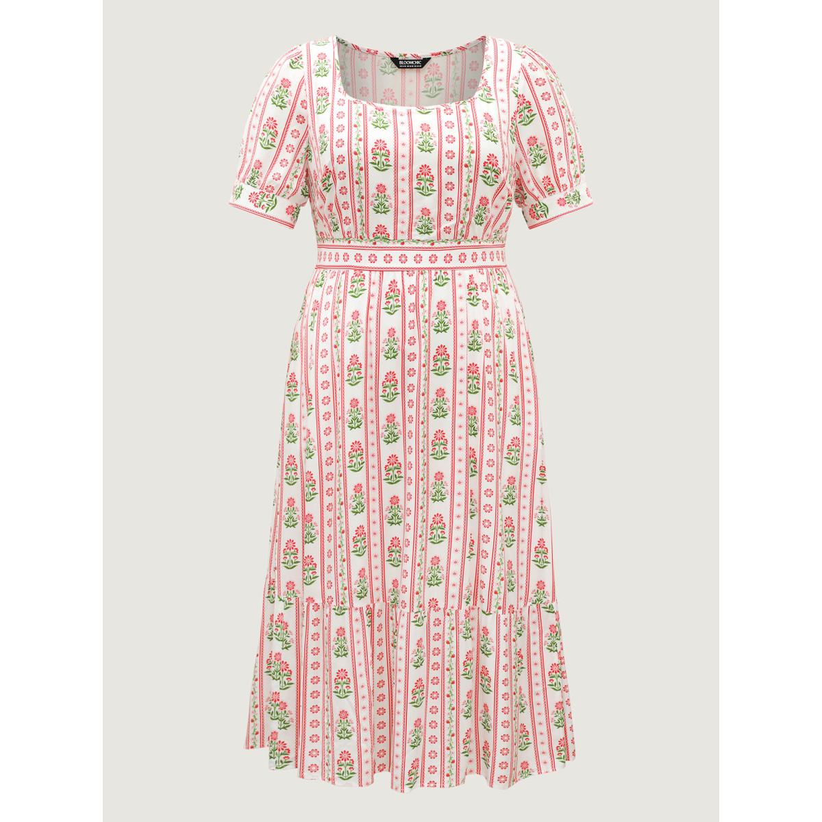 Plus Size Floral Stripe Shirred Waist Midi Dress Raspberry Women Non Short sleeve Curvy BloomChic 10/M Product Image