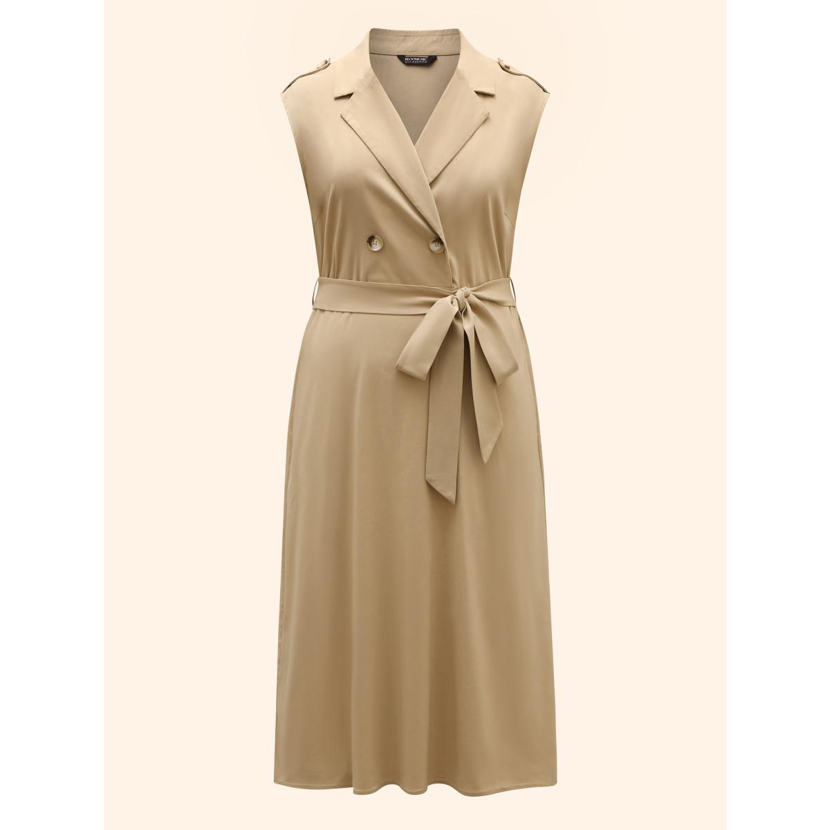Plus Size Suit Collar Plain Belted Midi Dress Champagne Women At the Office Belted Suit Collar Sleeveless Curvy BloomChic 28/5X Product Image