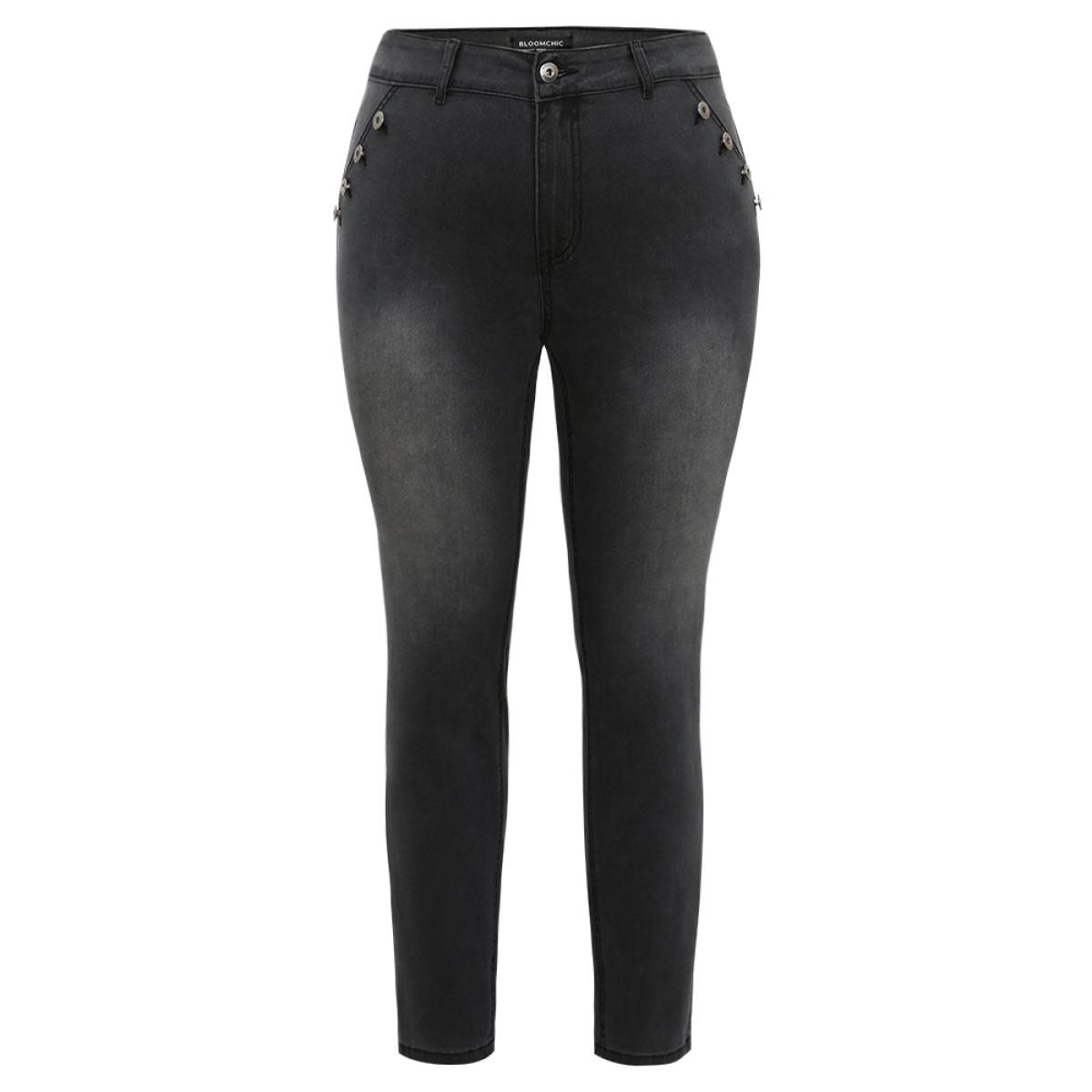 Plus Size Black Wash Button Detail Skinny Jeans Women DimGray Casual Plain Plain High stretch Pocket Jeans BloomChic 26/4X Product Image