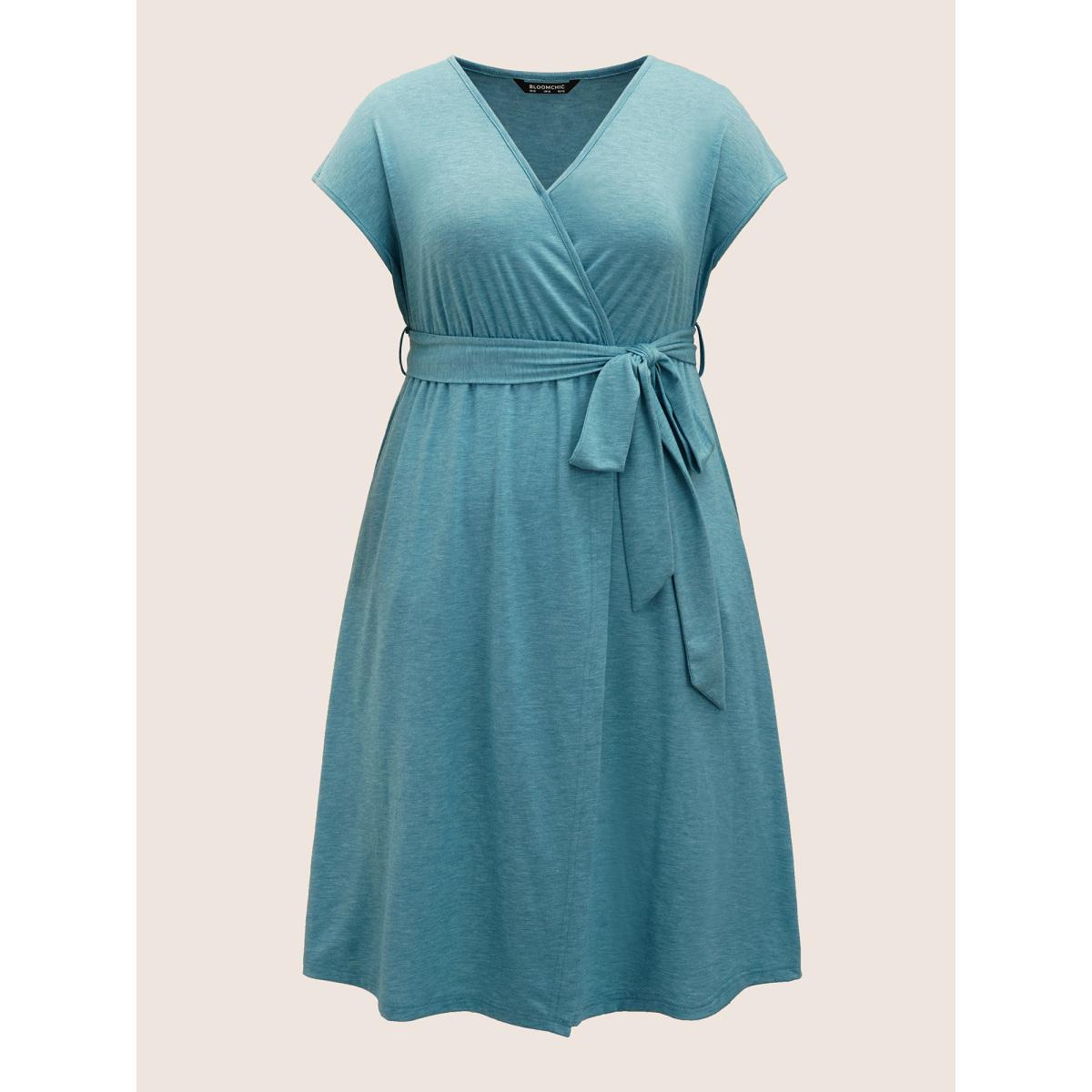 Plus Size Supersoft Essentials Solid Wrap Cap Sleeve Dress Turquoise Women Casual Overlapping Overlap Collar Cap Sleeve Curvy Midi Dress BloomChic 14-16/1X Product Image