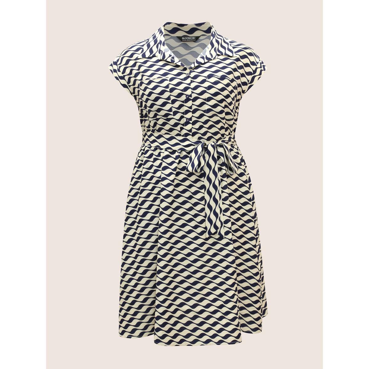 Plus Size Shirt Collar Striped Belted Midi Dress Navy Women At the Office Belted Shirt collar Cap Sleeve Curvy BloomChic 28/5X Product Image