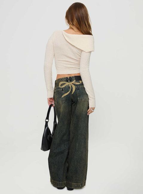 Ribbon Stamp Low Rise Wide Leg Jeans Antique Wash Product Image