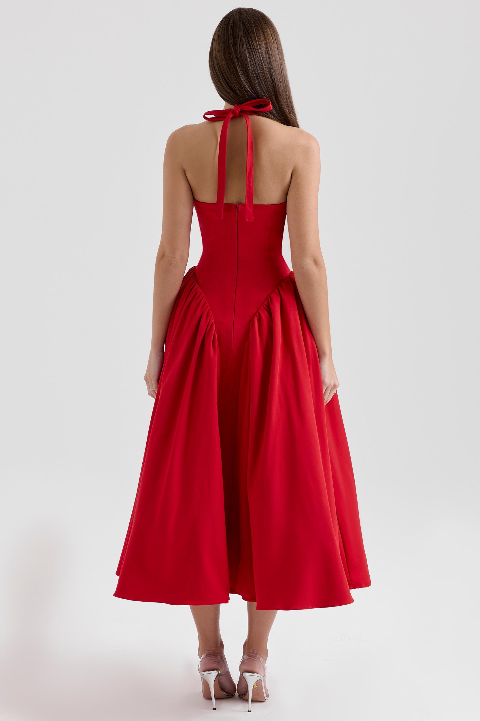 Marilyn  red twill halter midi dress Product Image
