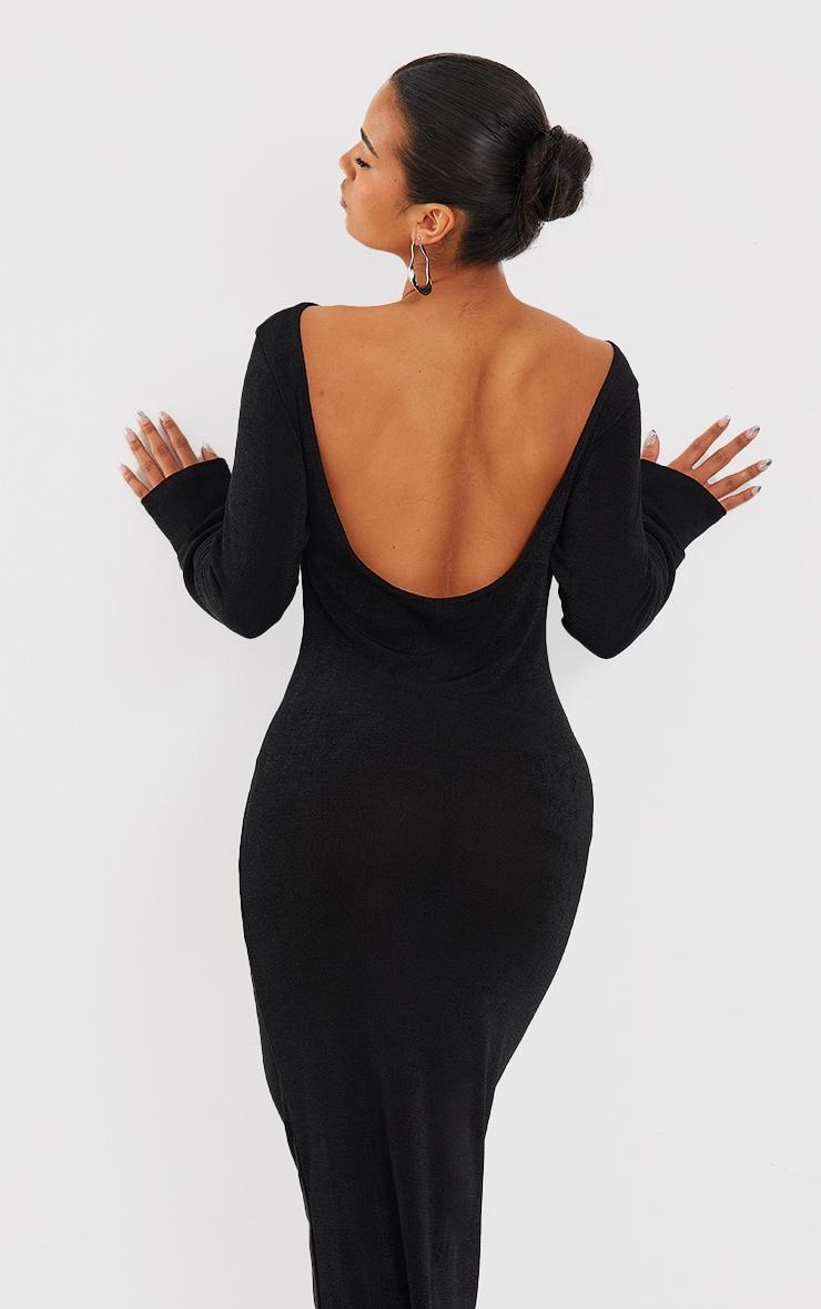 Black Acetate Slinky Long Sleeve Slash Neck Open Back Maxi Dress Product Image