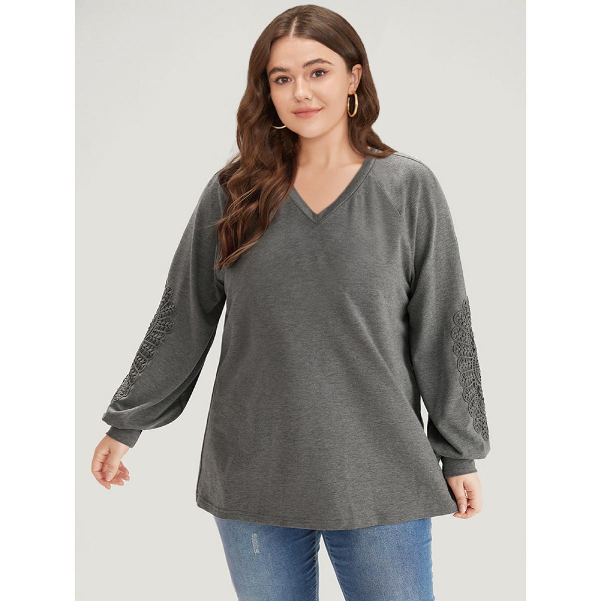 Plus Size Plain Guipure Lace V Neck Raglan Sleeve Sweatshirt Women Gray Elegant Plain V-neck Dailywear Sweatshirts BloomChic 12/L Product Image