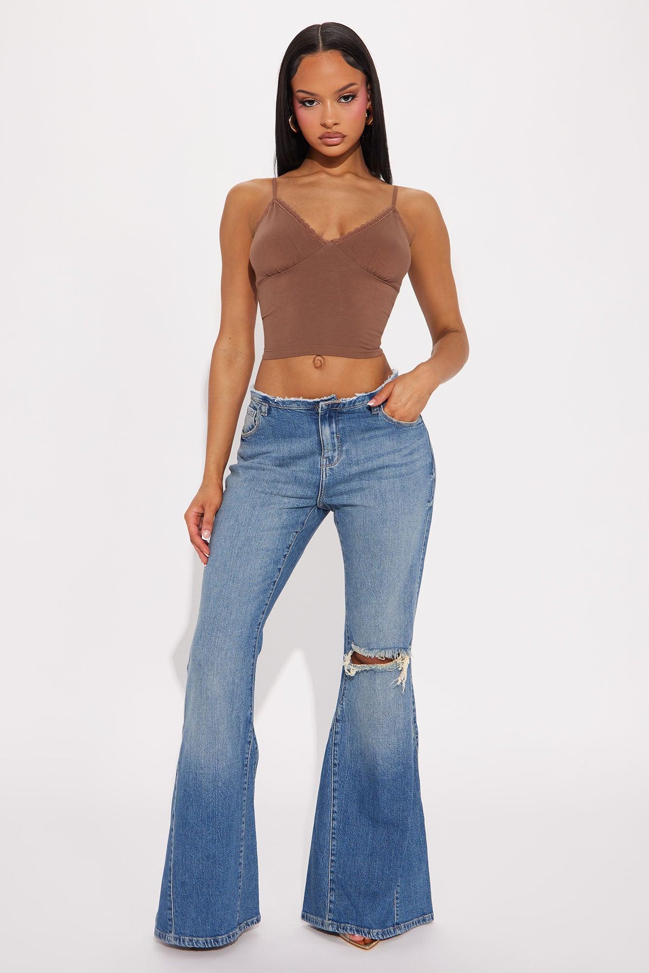 Korinna Stretch Cut Off Waistband Flare Jeans - Medium Wash Product Image