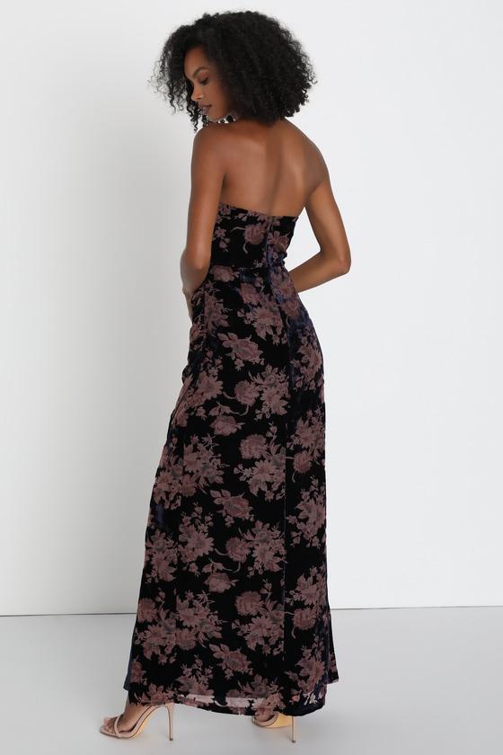 Exquisite Navy Blue Floral Burnout Velvet Strapless Maxi Dress Product Image