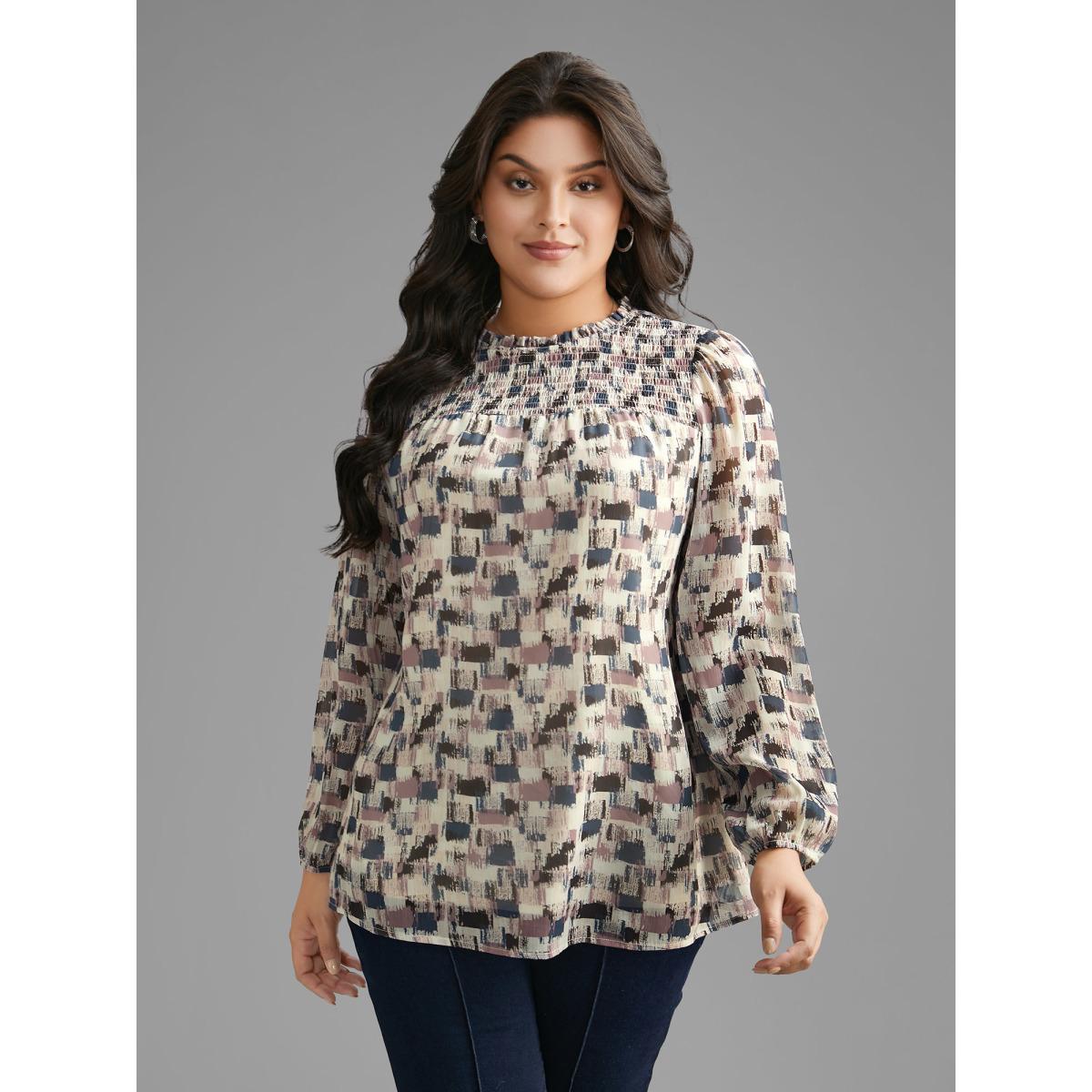 Plus Size Lilac Brush Print Shirred Ruffles Gathered Blouse Women Elegant Long Sleeve Mock Neck Everyday Blouses BloomChic 14-16/1X Product Image