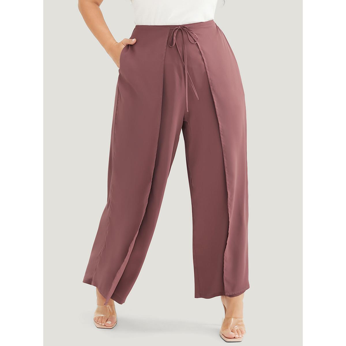 Plus Size Solid Pocket Cape Detail Ties Pants Women Mauve Elegant Mid Rise Dailywear Pants BloomChic 28/5X Product Image