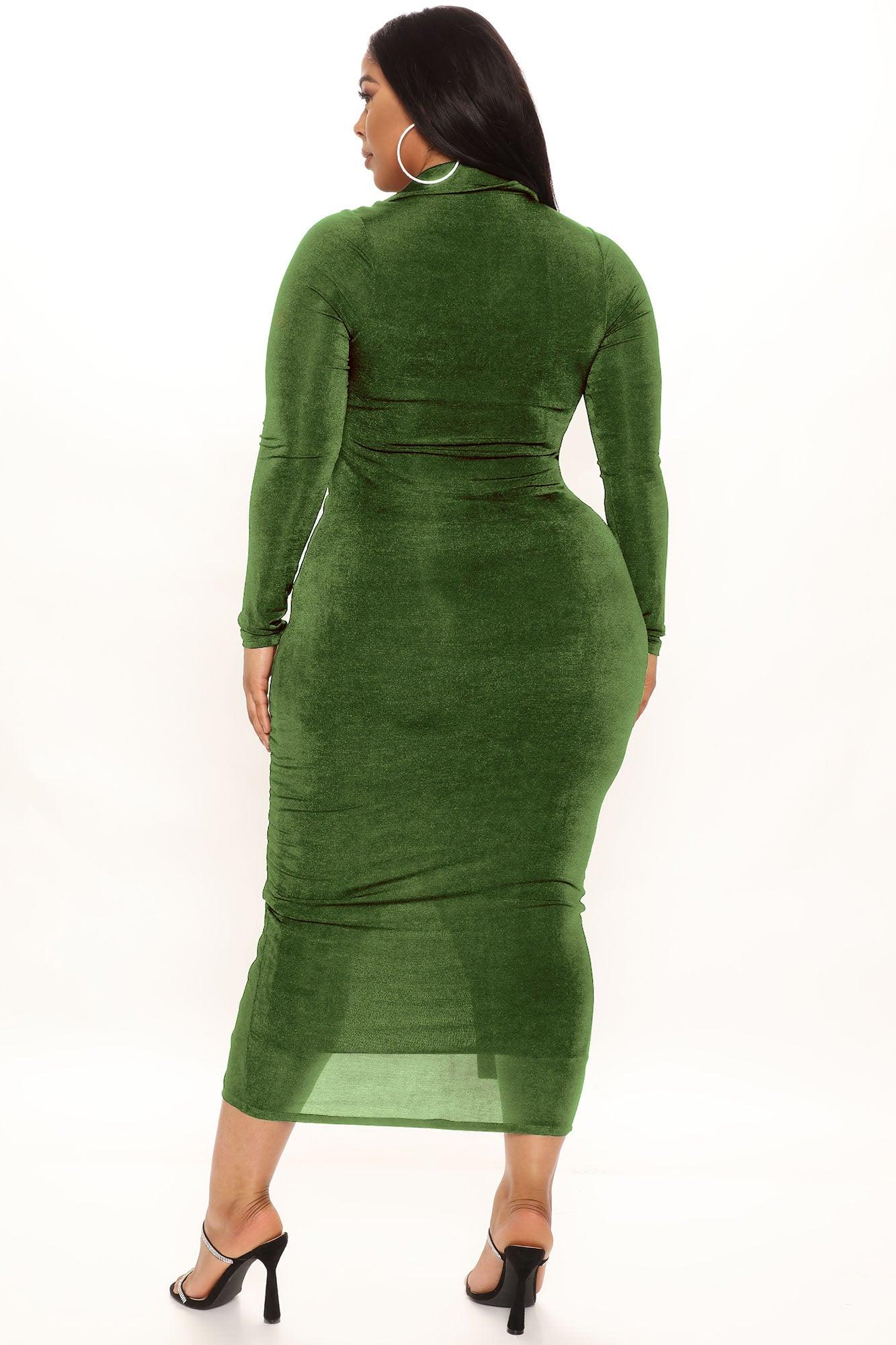 Silky Smooth Long Sleeve Slinky Dress - Olive Product Image