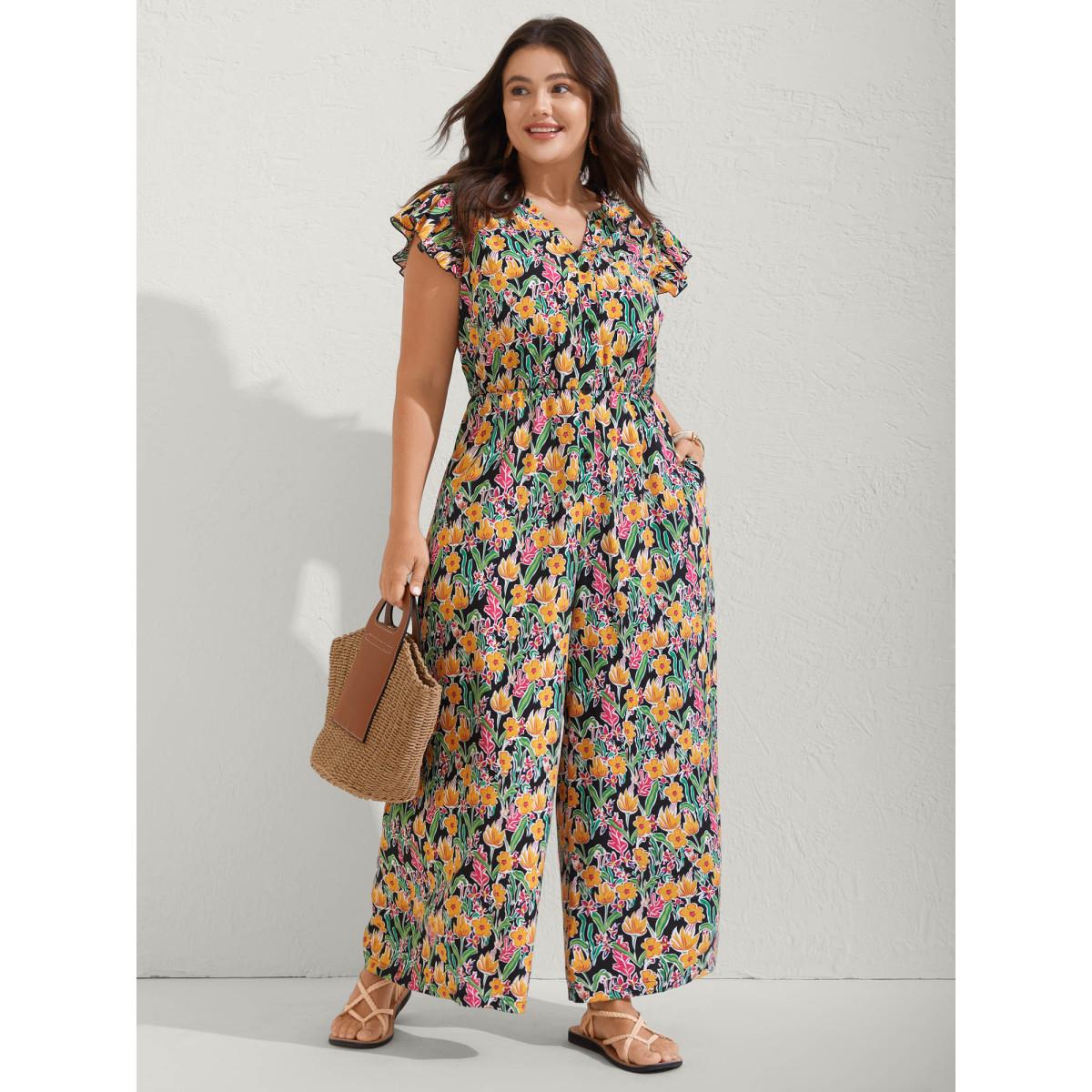 Plus Size BlackFlower Sunkissed Floral Print Button Wide-Leg Jumpsuit Women Resort Cap Sleeve Notched collar Vacation Loose Jumpsuits BloomChic 30/6X Product Image
