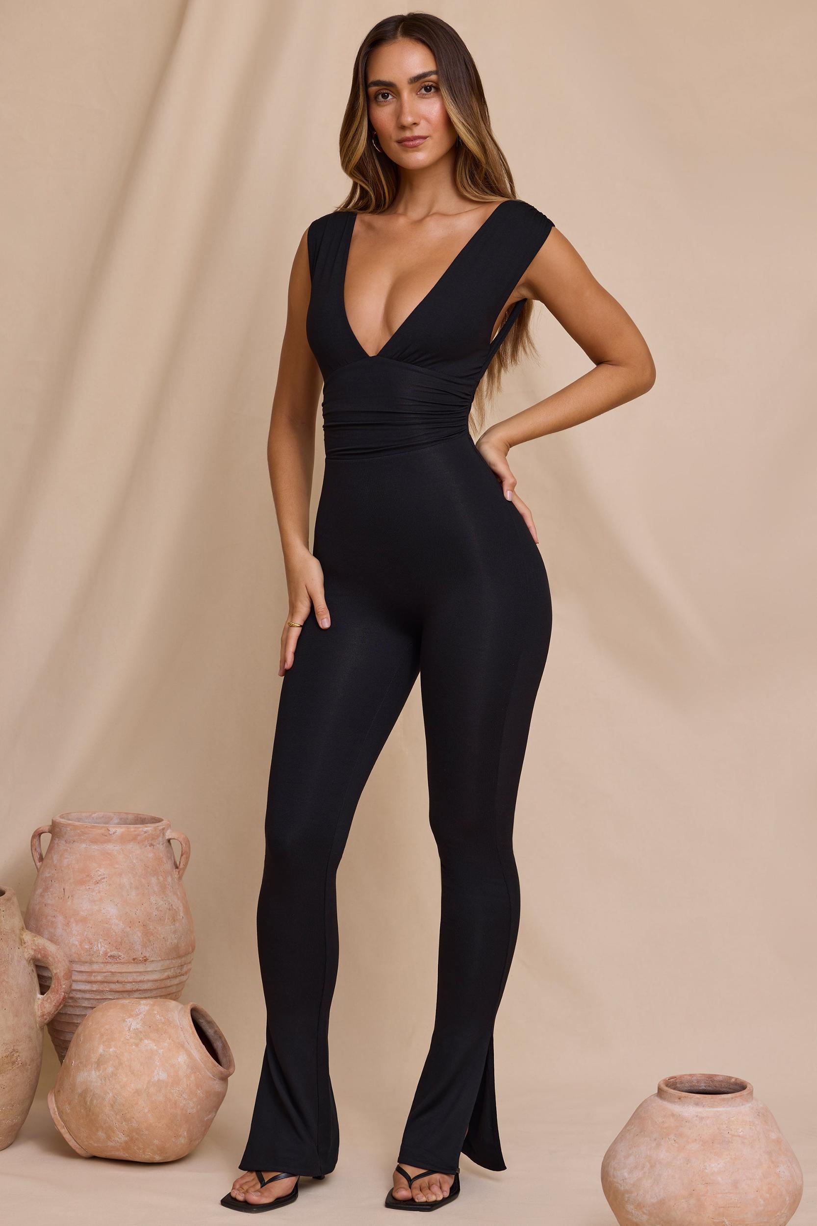 Plunge Neck Ruched Waist Jumpsuit in Black Product Image