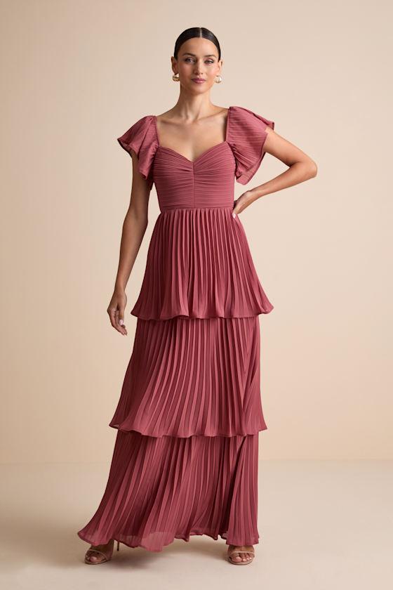 Notorious Charm Rusty Rose Pleated Flutter Sleeve Maxi Dress Product Image