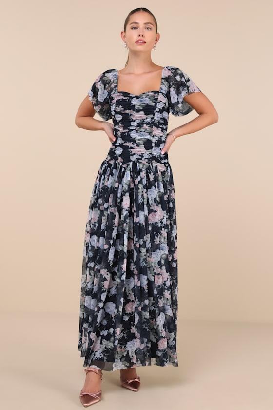 Majorly Dreamy Navy Floral Mesh Ruched Drop Waist Maxi Dress Product Image