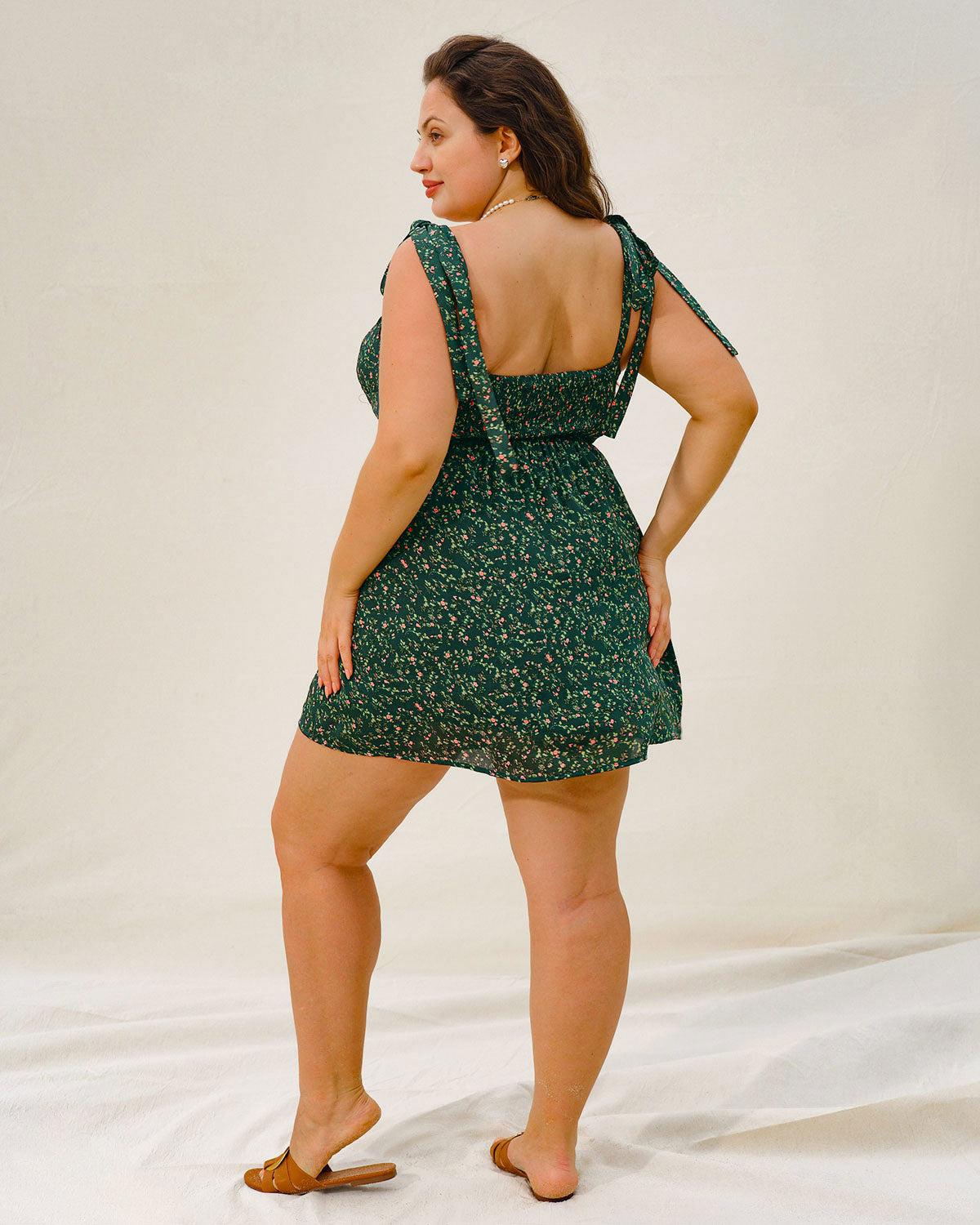 Green Floral Tie Strap Plus Size Mini Dress Product Image