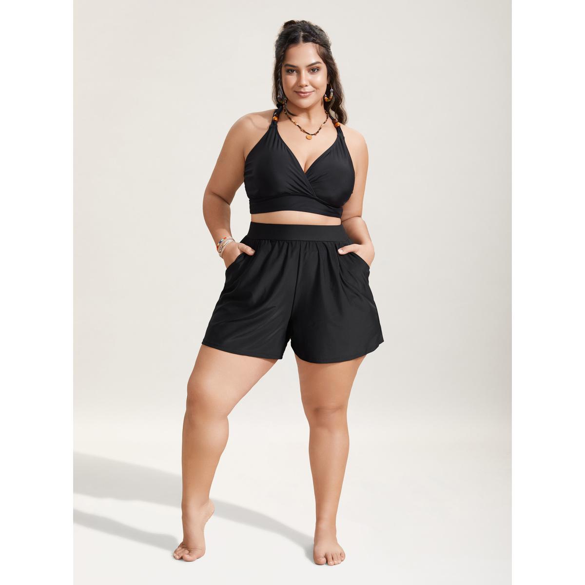 Plus Size High Waisted Pockets Solid Pleated Swim Bottom Women's Swimwear Black Resort Gathered High stretch Bodycon High Rise Slanted pocket Curve Swim Bottoms BloomChic 28/5X Product Image