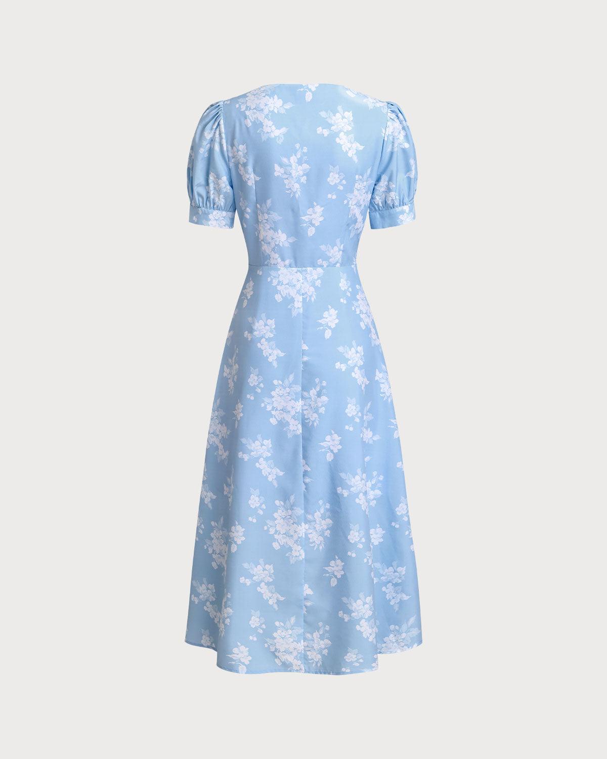 Blue Floral Puffed Sleeve Ruched Midi Dress Product Image