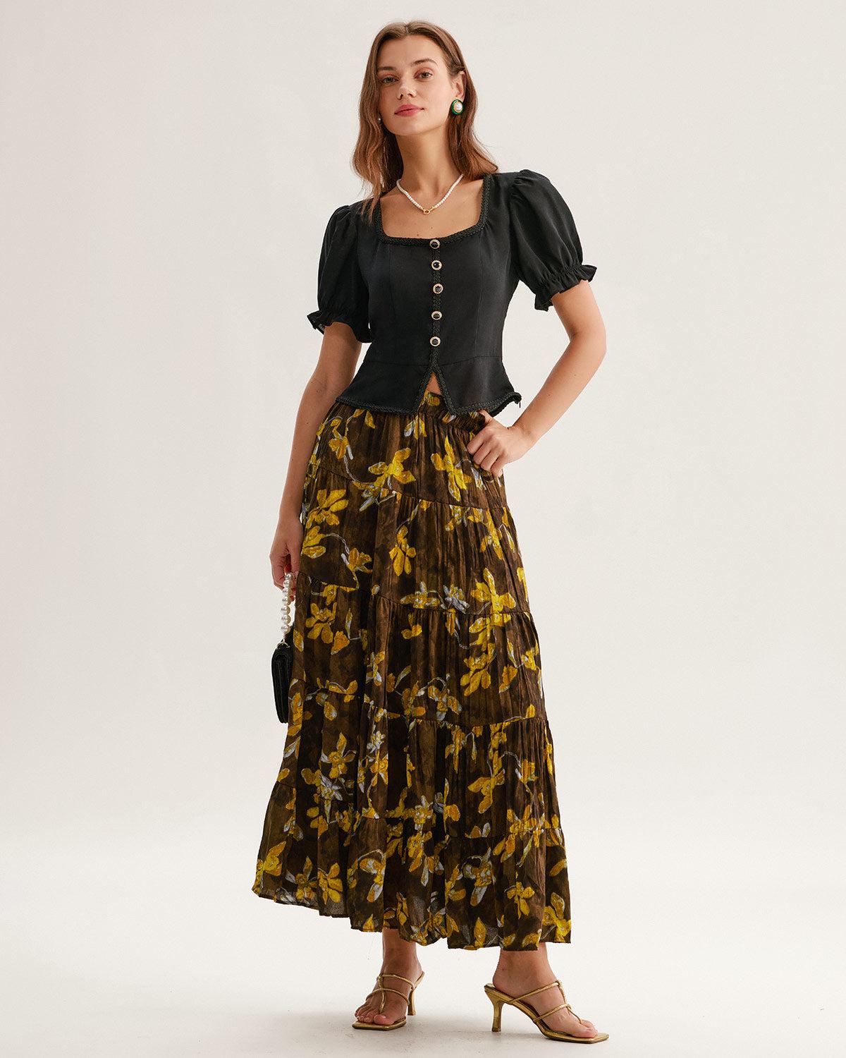 Black Square Neck Shirred Button Blouse Product Image