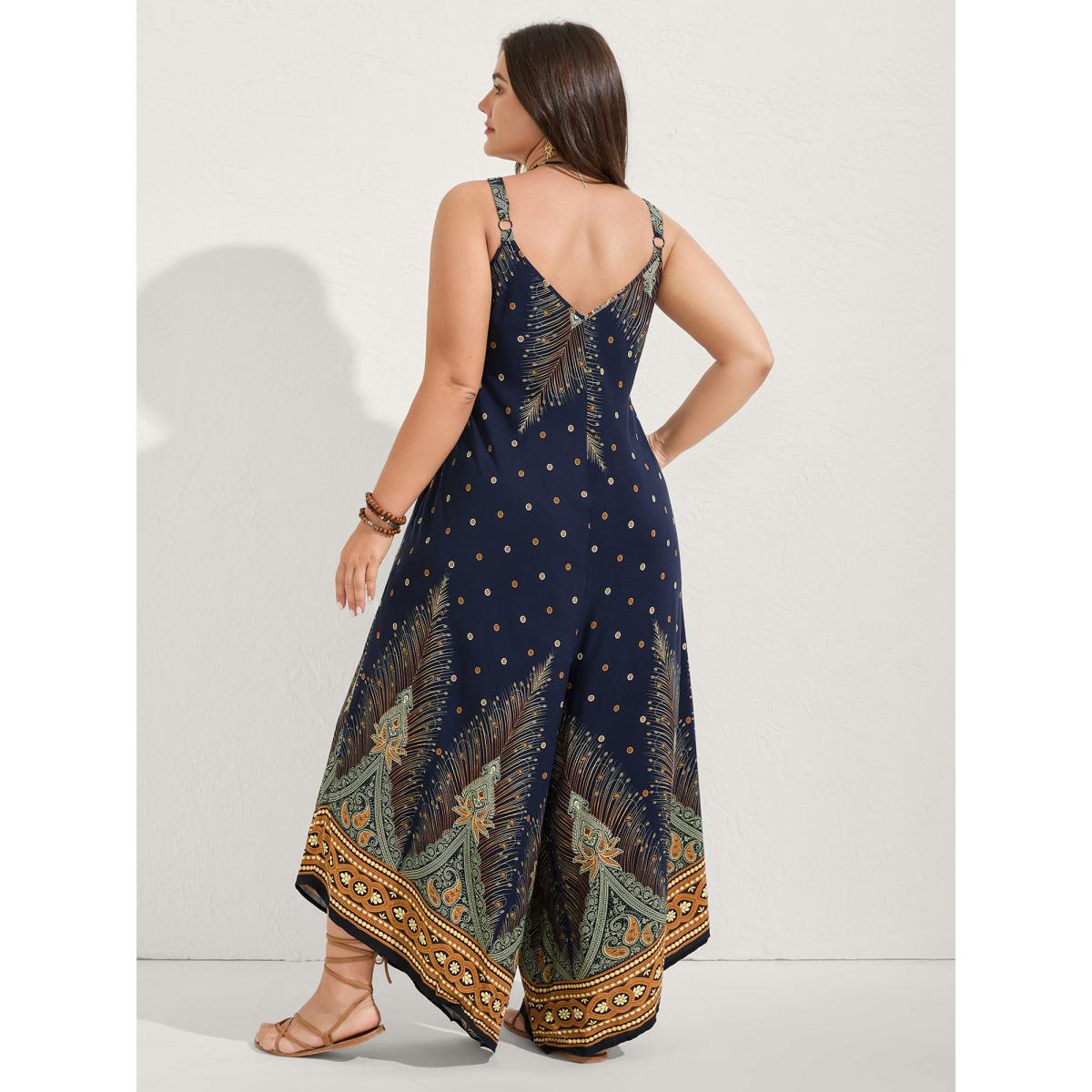 Plus Size Navy Boho Print Asymmetrical Hem Jumpsuit Women Boho Sleeveless V-neck Vacation Loose Jumpsuits BloomChic 28/5X Product Image