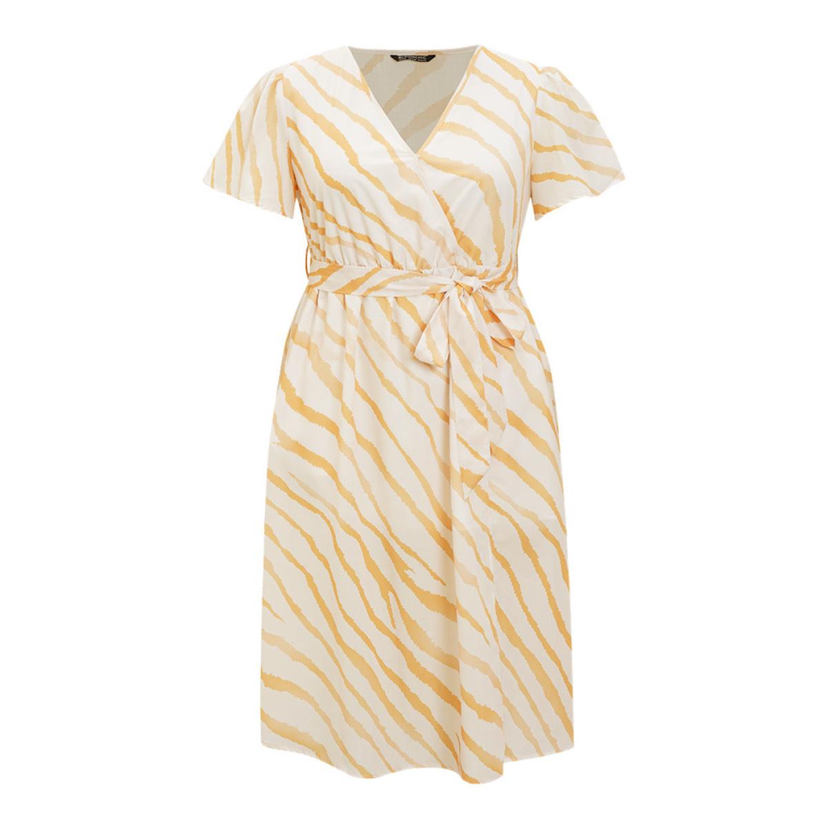 Plus Size Zebra Print Wrap Pocket Belt Ruffle Sleeve Split Dress Yellow Women Elegant Wrap V-neck Short sleeve Curvy Midi Dress BloomChic 18-20/2X Product Image