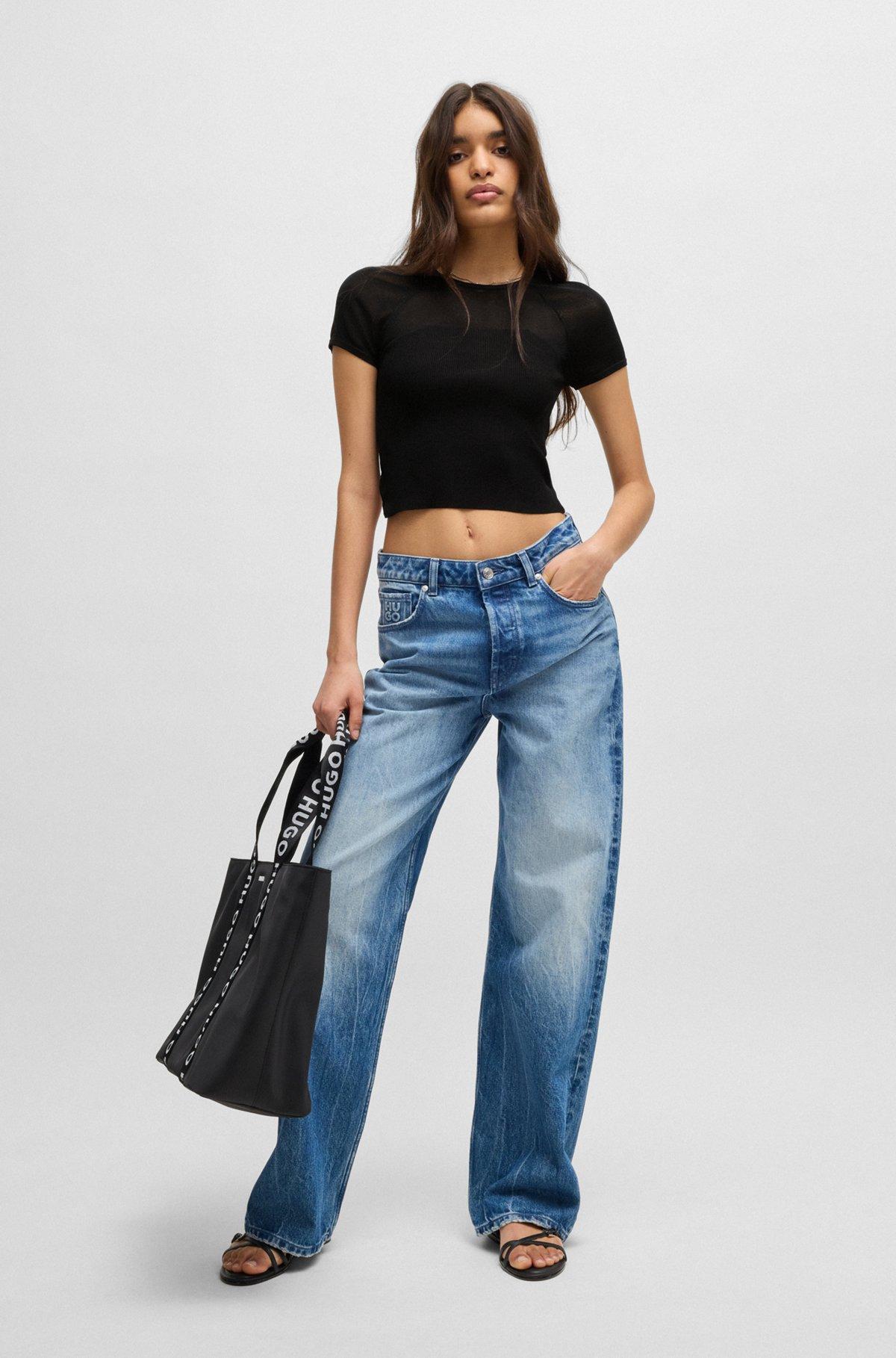 Rib-knit top with sheer panels and logo chain Product Image