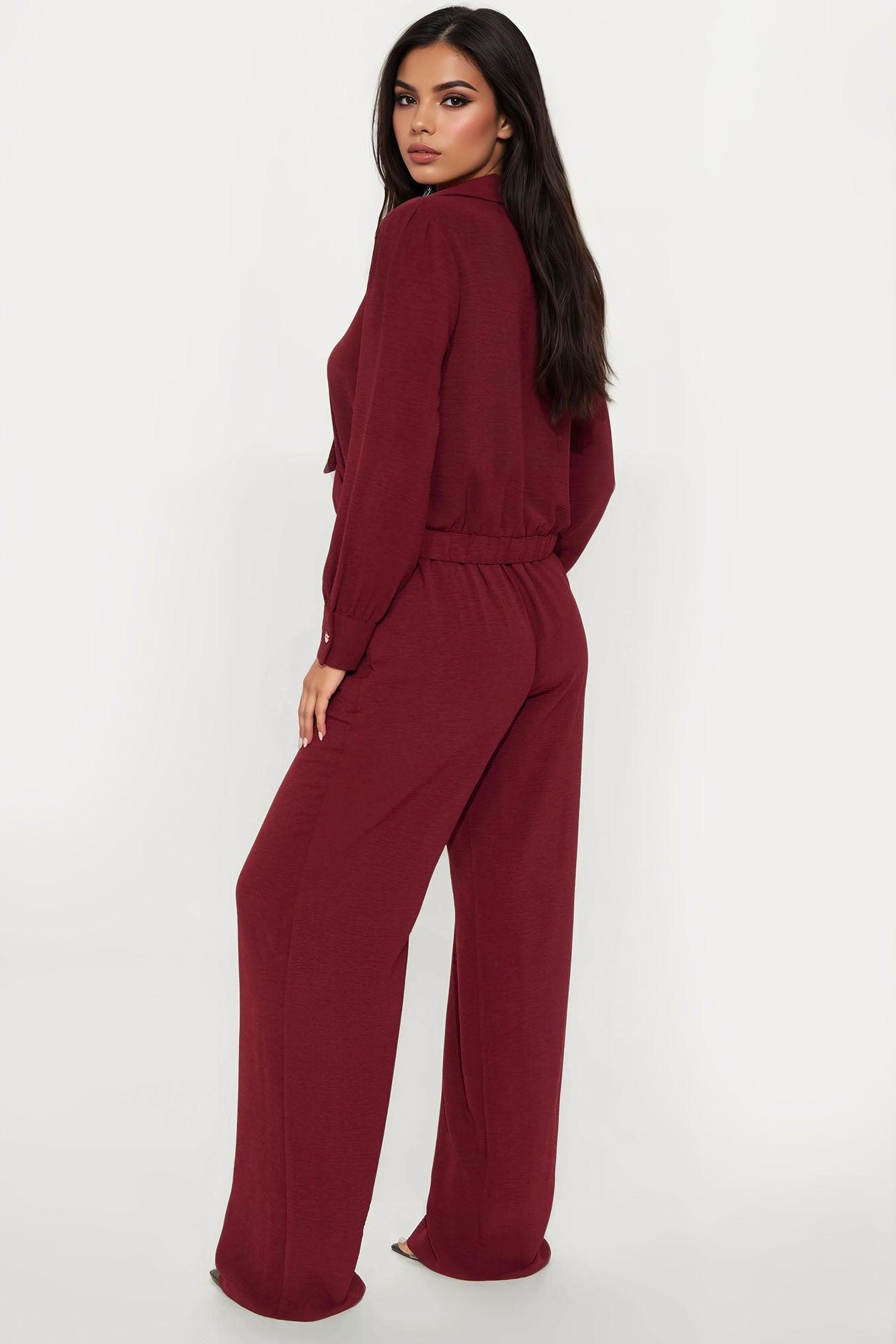 Sleek Statement Long Sleeve Pant Set - Wine Female Product Image
