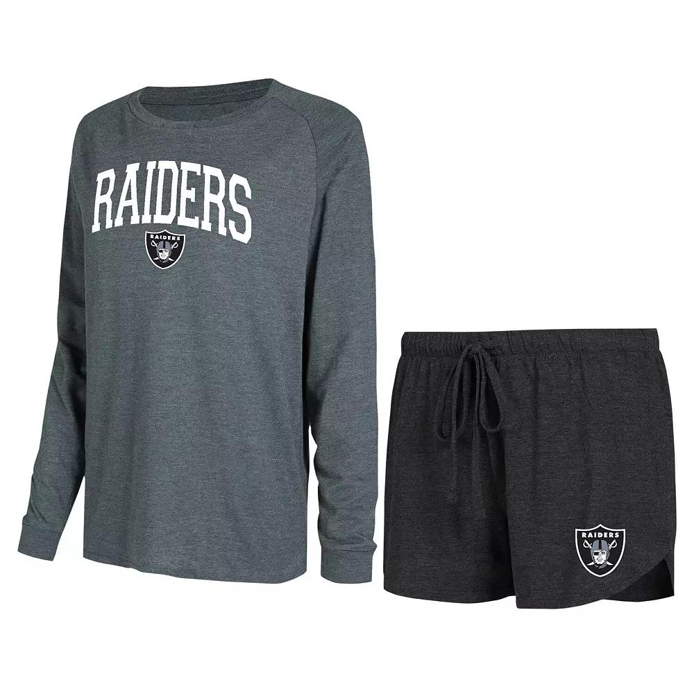 Women's Concepts Sport Black/Charcoal Las Vegas Raiders Raglan Long Sleeve T-Shirt & Shorts Lounge Set,  Product Image