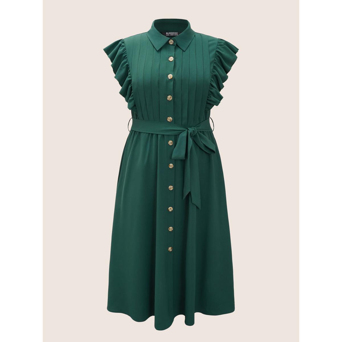 Plus Size Shirt Collar Solid Pleated Ruffle Cap Sleeve Dress DarkGreen Women At the Office Gathered Shirt collar Cap Sleeve Curvy Midi Dress BloomChic 10/M Product Image
